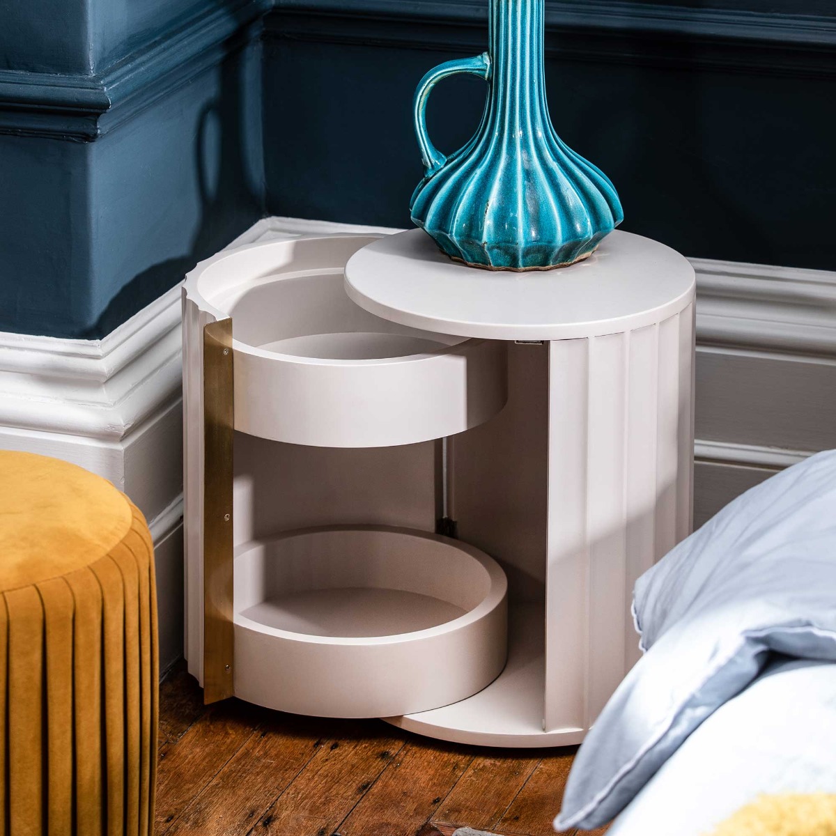 Lucia Left Hand Bedside Table, Painted and Lacquered Mahogany