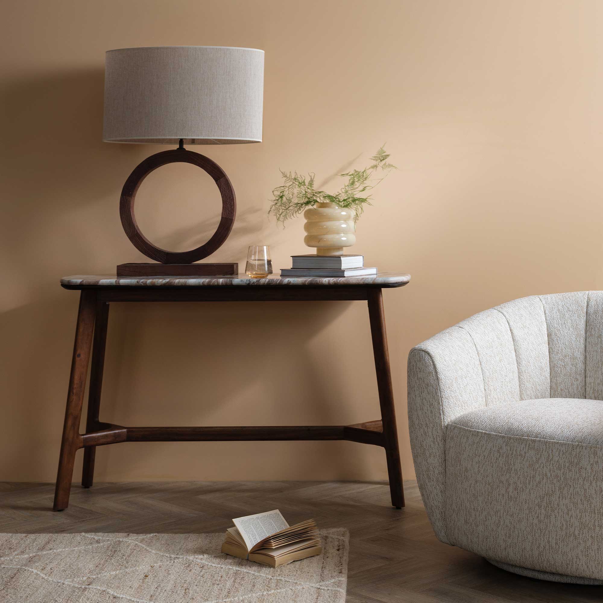 Cresta Marble Top  Console Table with Acacia Wood Base, Walnut Finish