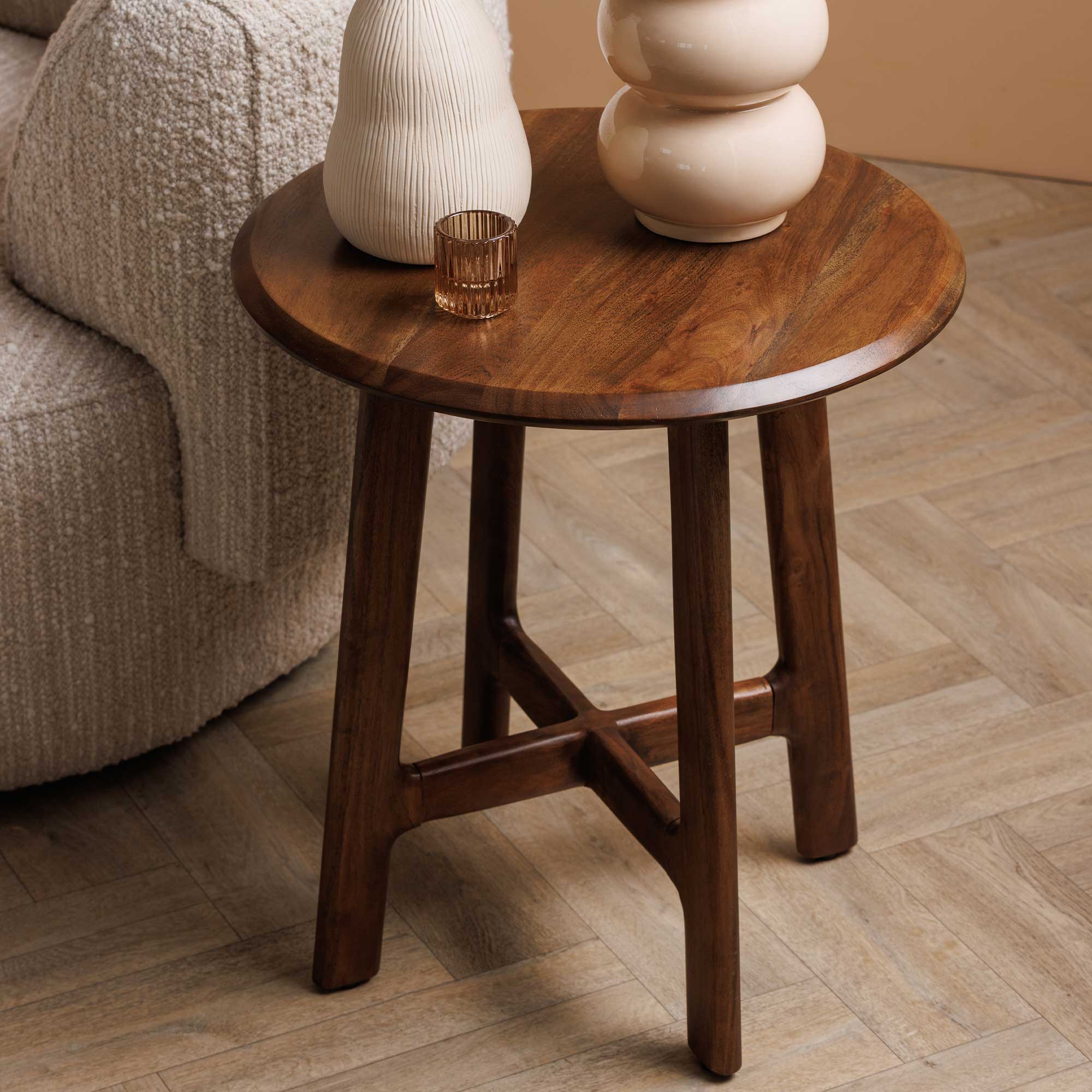Cresta Round Acacia Wood Side Table, Walnut Finish
