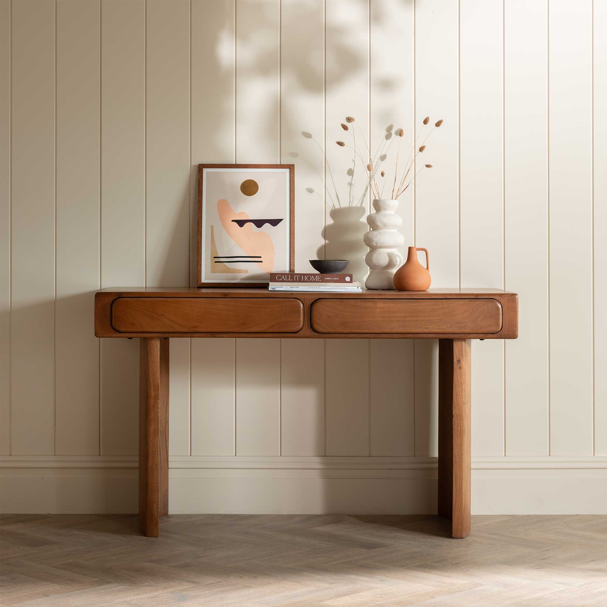 Zerina Light Acacia Wood 2 Drawers Console Table