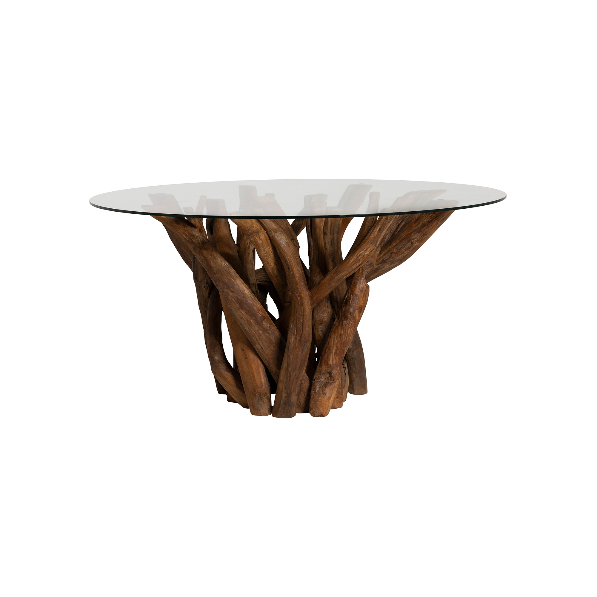 Whinfell Round Glass Top and Teak Root Wood Base 160cm Dining Table