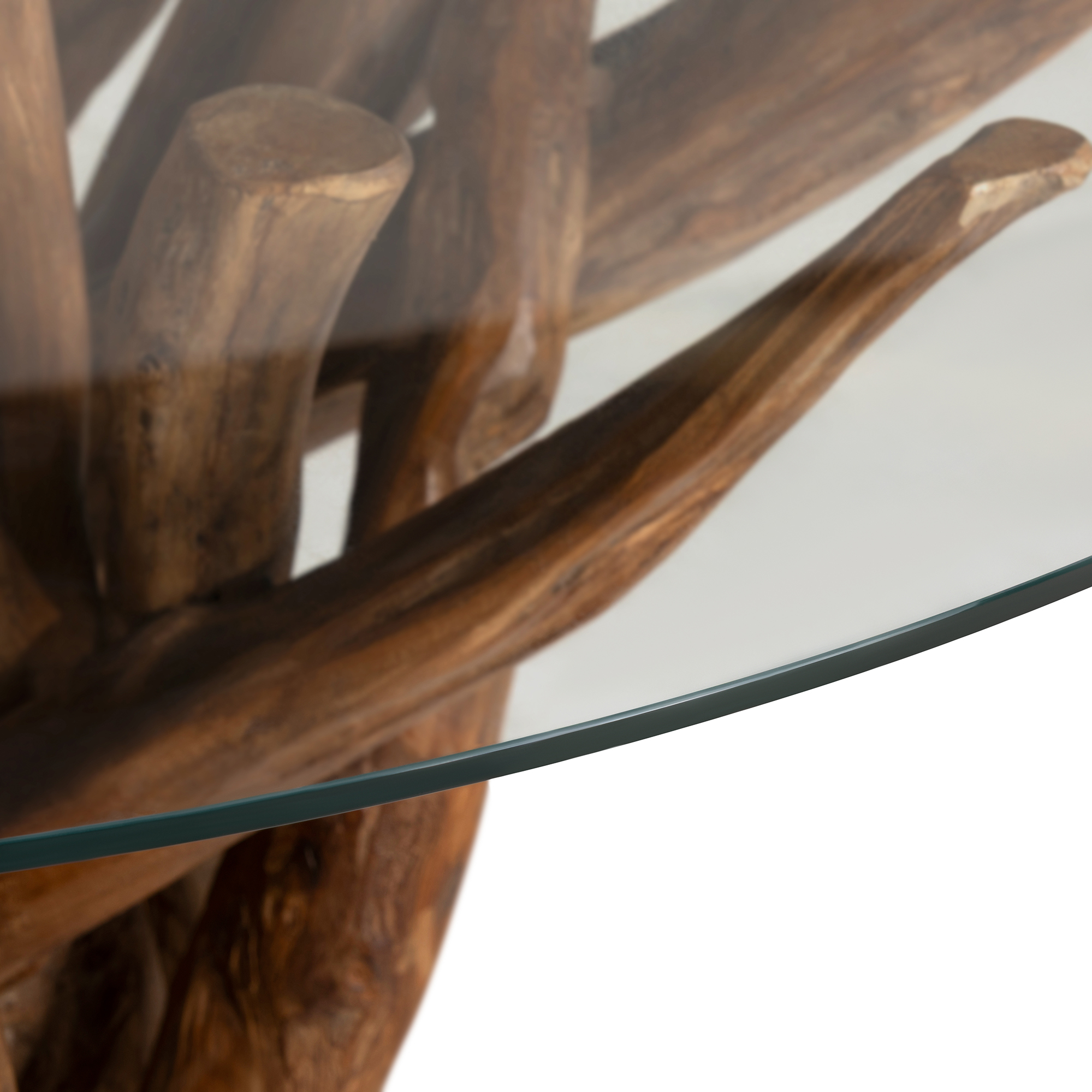 Whinfell Round Glass Top and Teak Root Wood Base 160cm Dining Table