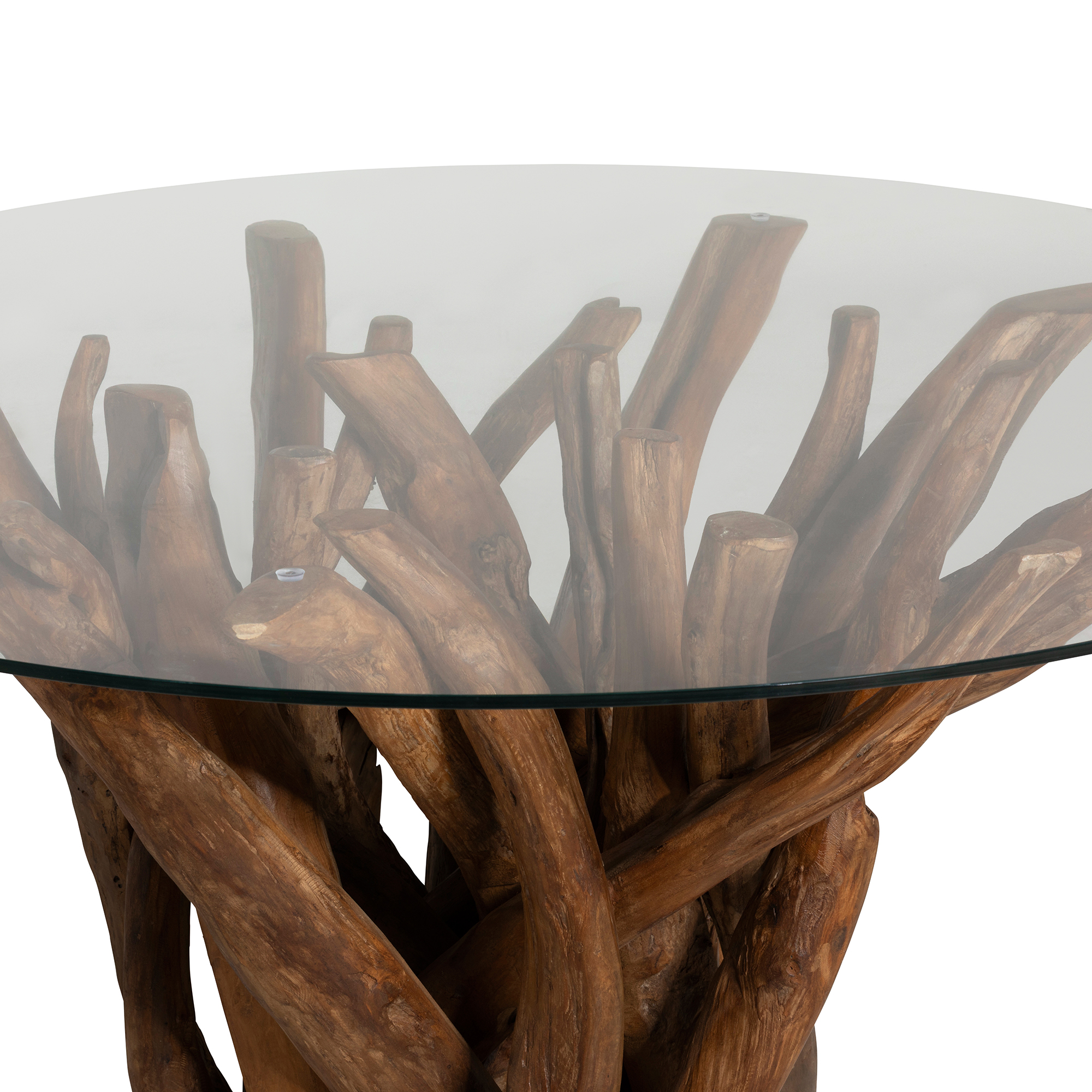 Whinfell Round Glass Top and Teak Root Wood Base 160cm Dining Table