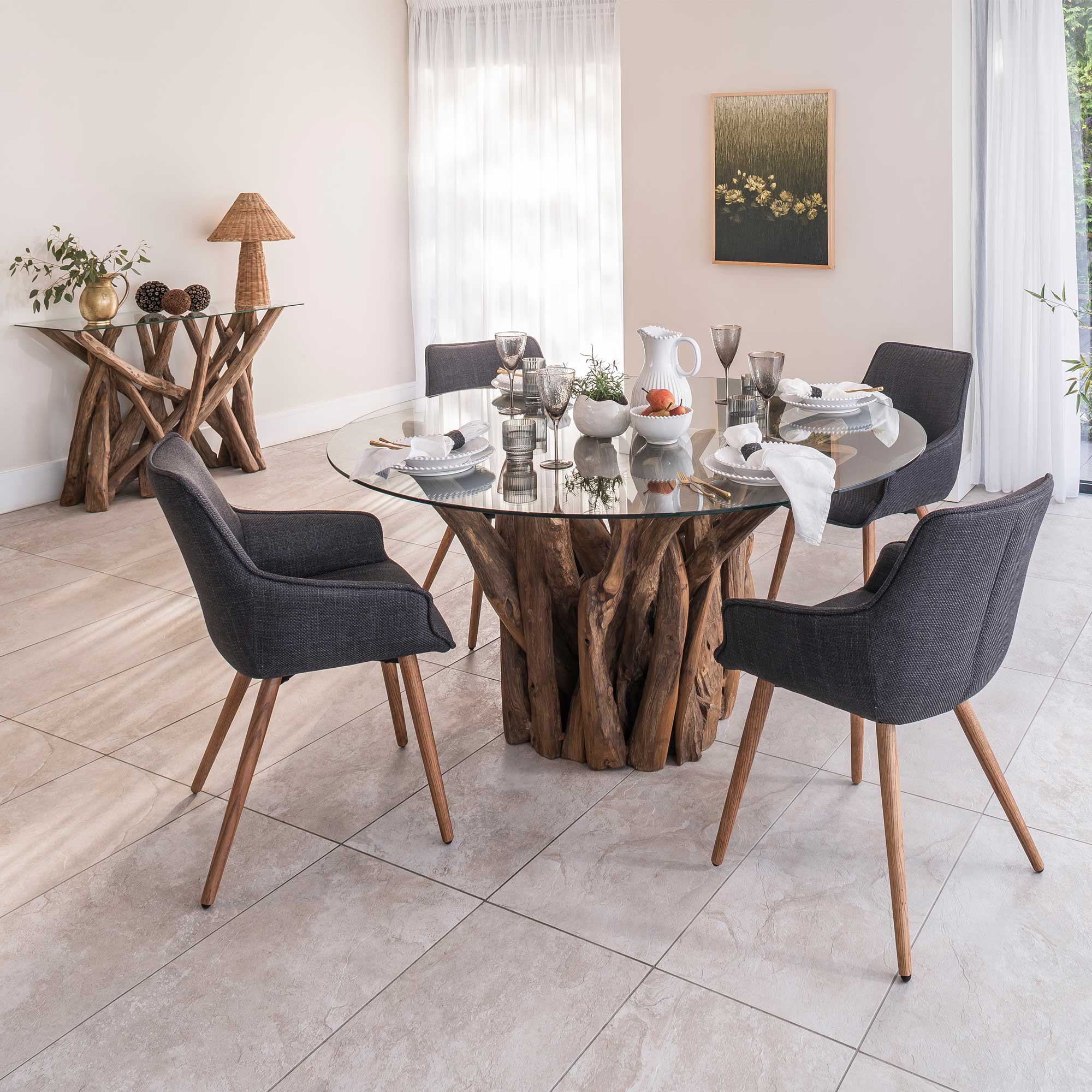 Whinfell Round Glass Top and Teak Root Wood Base 160cm Dining Table
