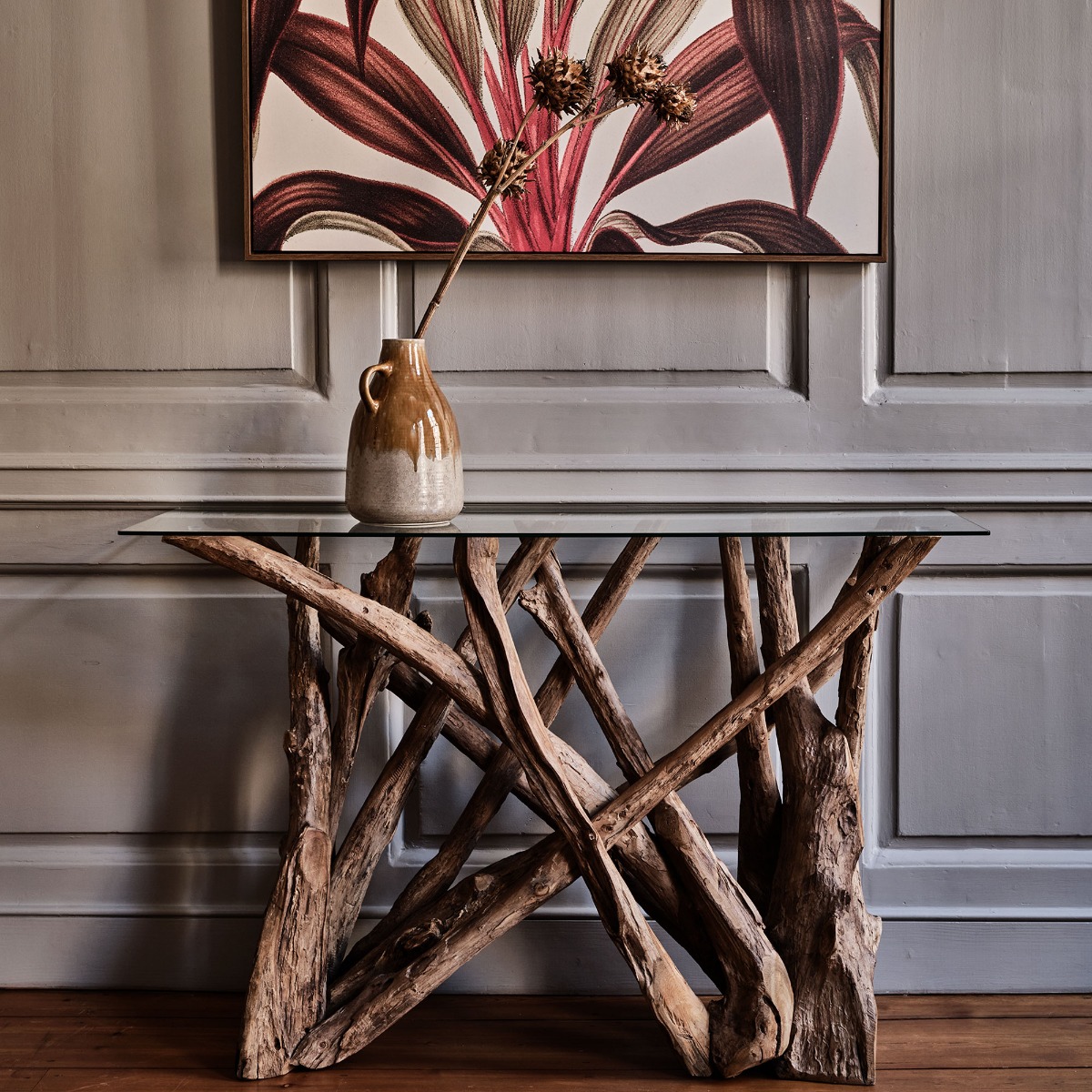 Whinfell Wood Console Table with Glass Top, Reclaimed Teak Root Glass and Light Wax