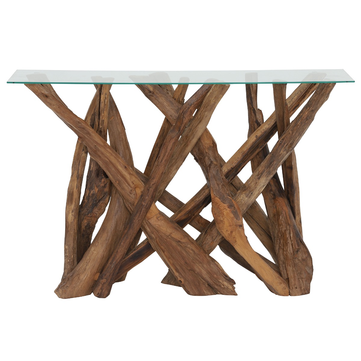 Whinfell Wood Console Table with Glass Top, Reclaimed Teak Root Glass and Light Wax