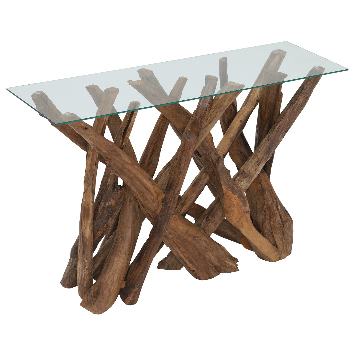 Whinfell Wood Console Table with Glass Top, Reclaimed Teak Root Glass and Light Wax