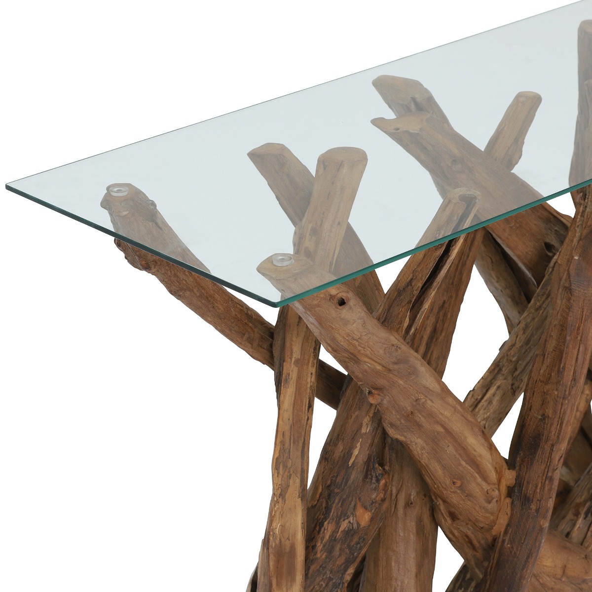 Whinfell Wood Console Table with Glass Top, Reclaimed Teak Root Glass and Light Wax