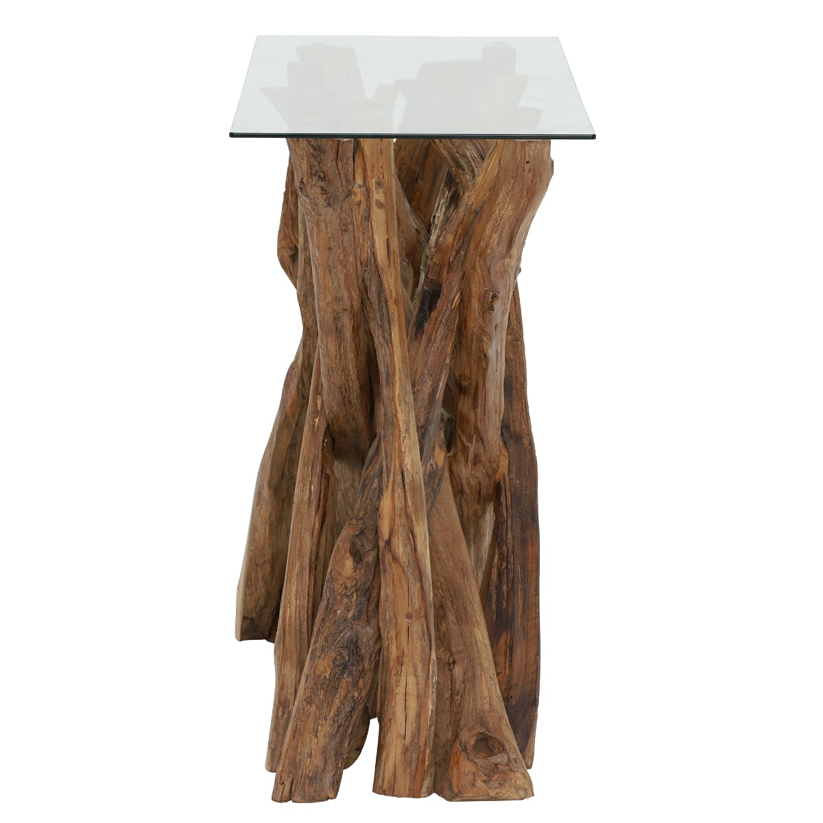 Whinfell Wood Console Table with Glass Top, Reclaimed Teak Root Glass and Light Wax