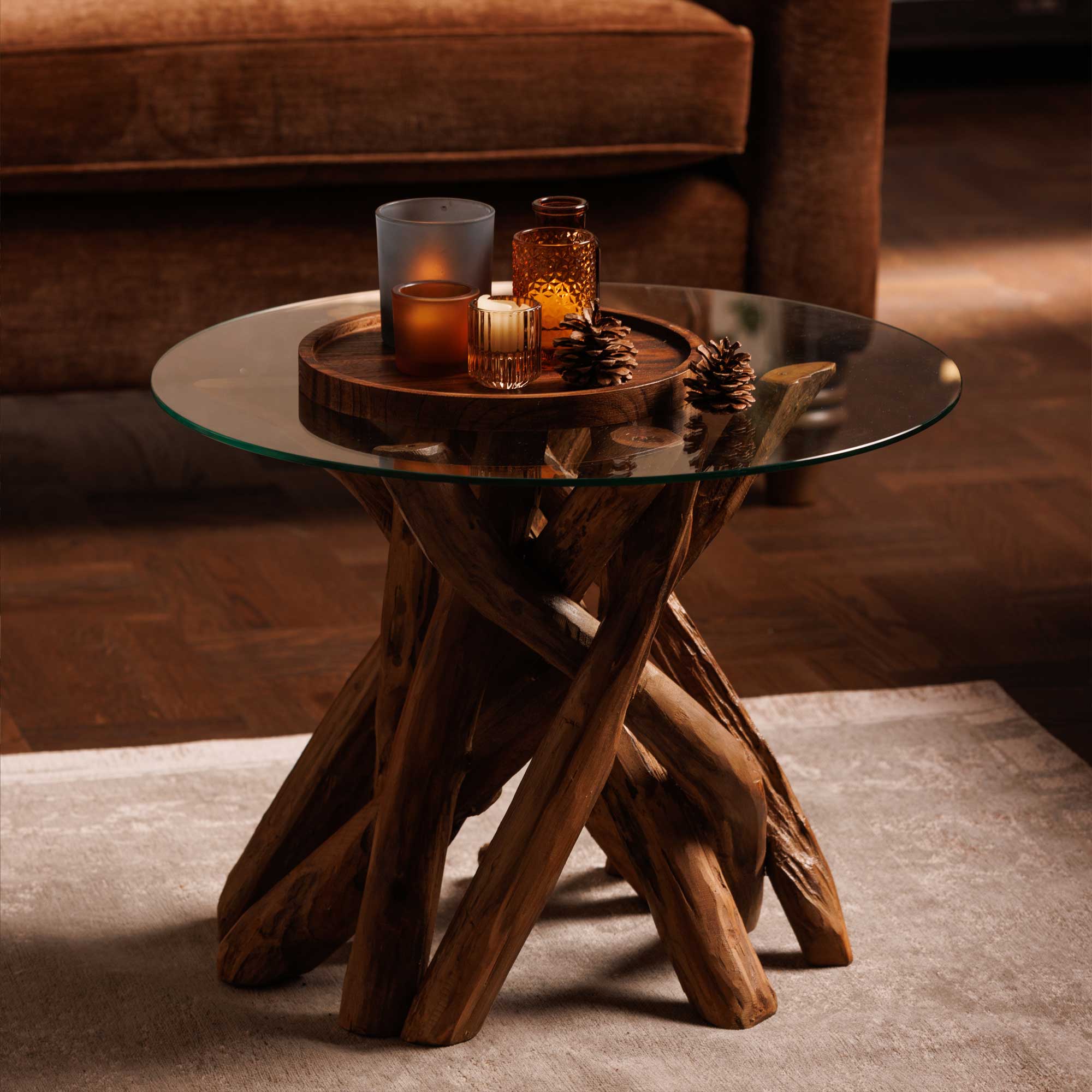 Whinfell Round Lamp Table - Reclaimed Teak Root Glass and Light Wax