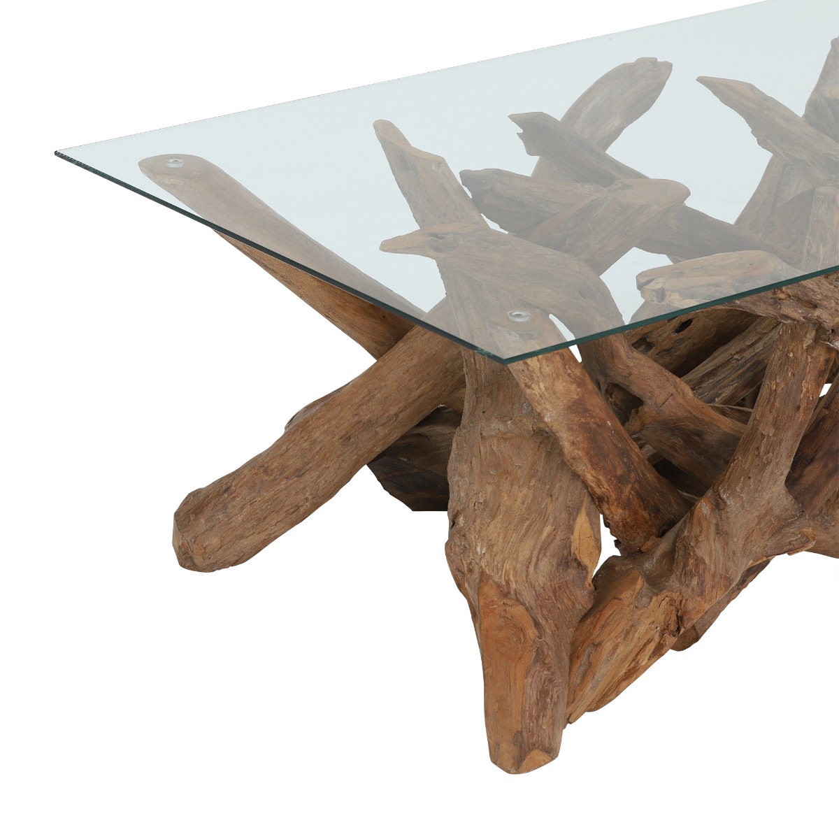 Whinfell Rectangular Coffee Table - Reclaimed Teak Root Glass and Light Wax