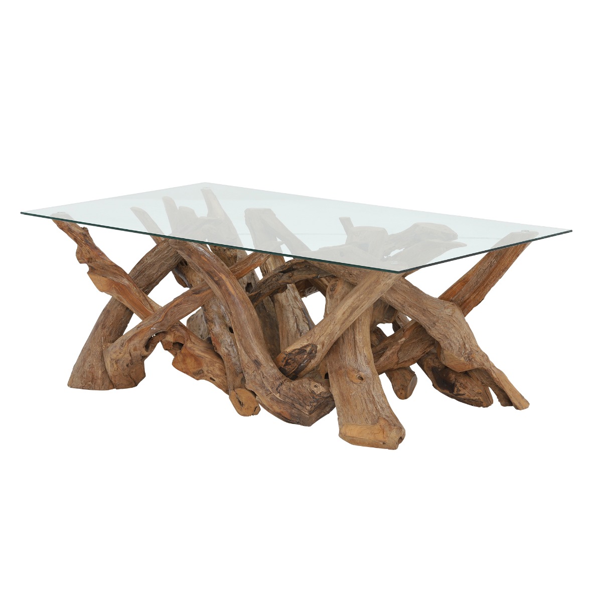 Whinfell Rectangular Coffee Table - Reclaimed Teak Root Glass and Light Wax