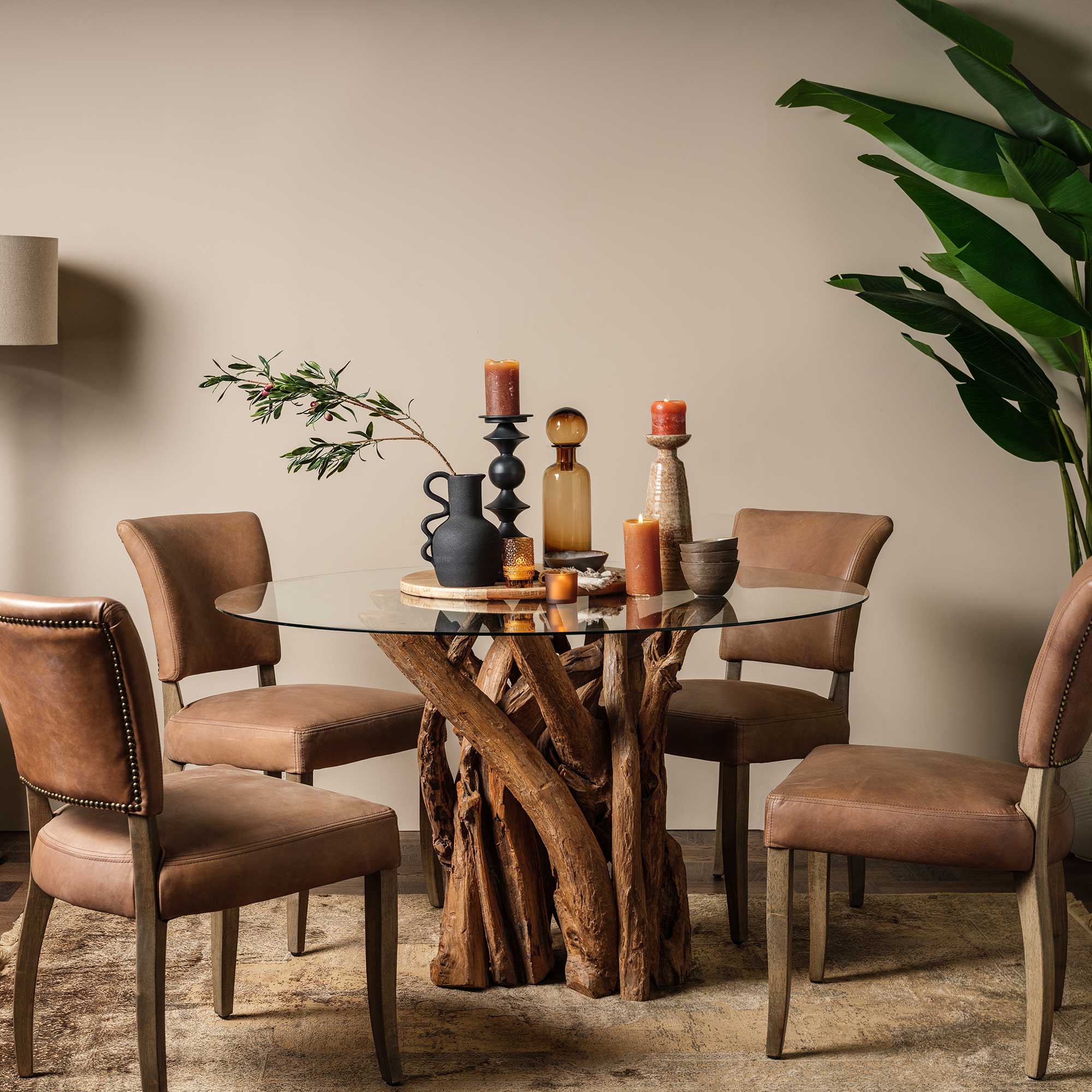 Whinfell Round Glass Top and Teak Root Wood Base 130cm Dining Table