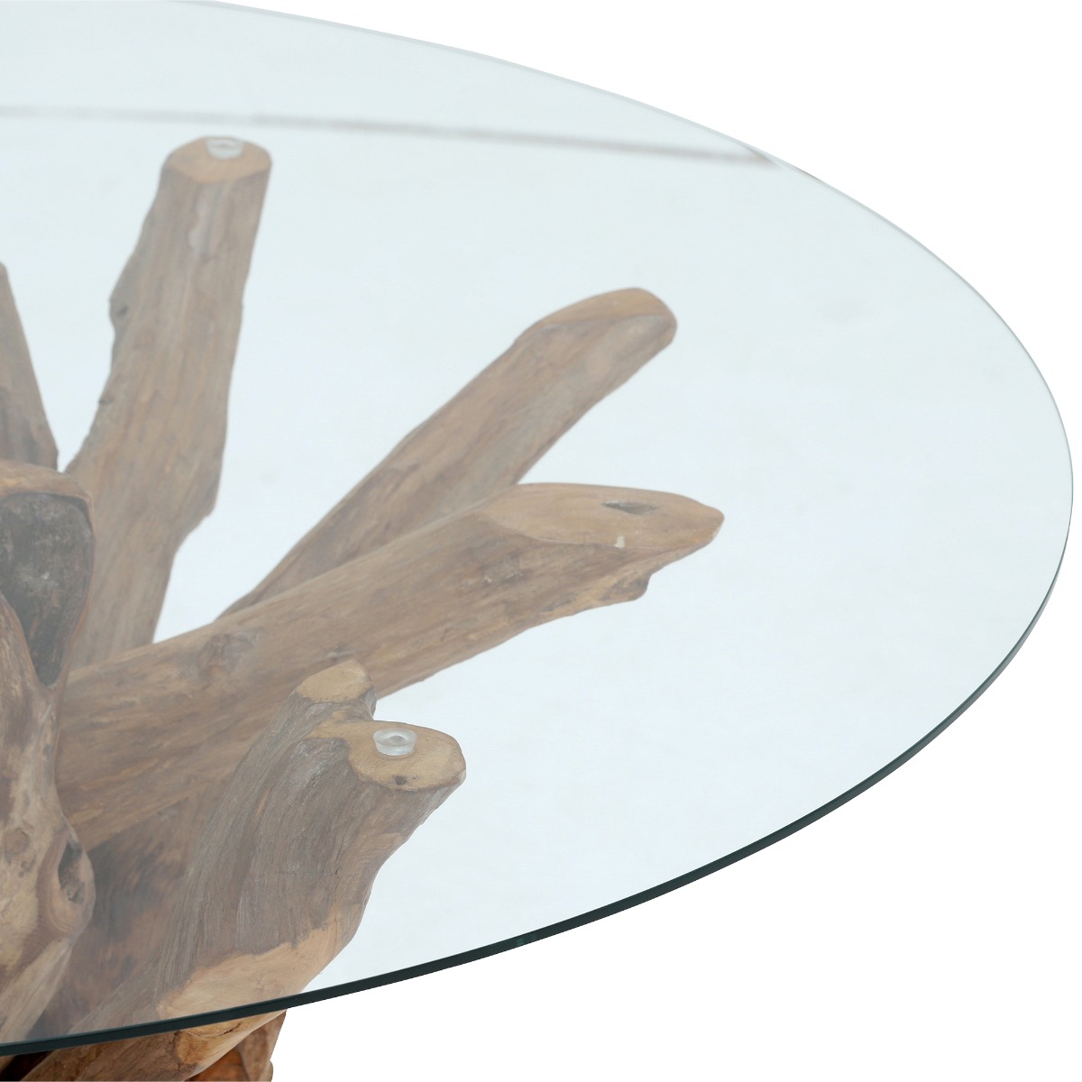 Whinfell Round Glass Top and Teak Root Wood Base 130cm Dining Table