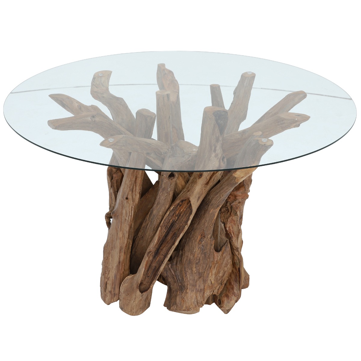 Whinfell Round Glass Top and Teak Root Wood Base 130cm Dining Table