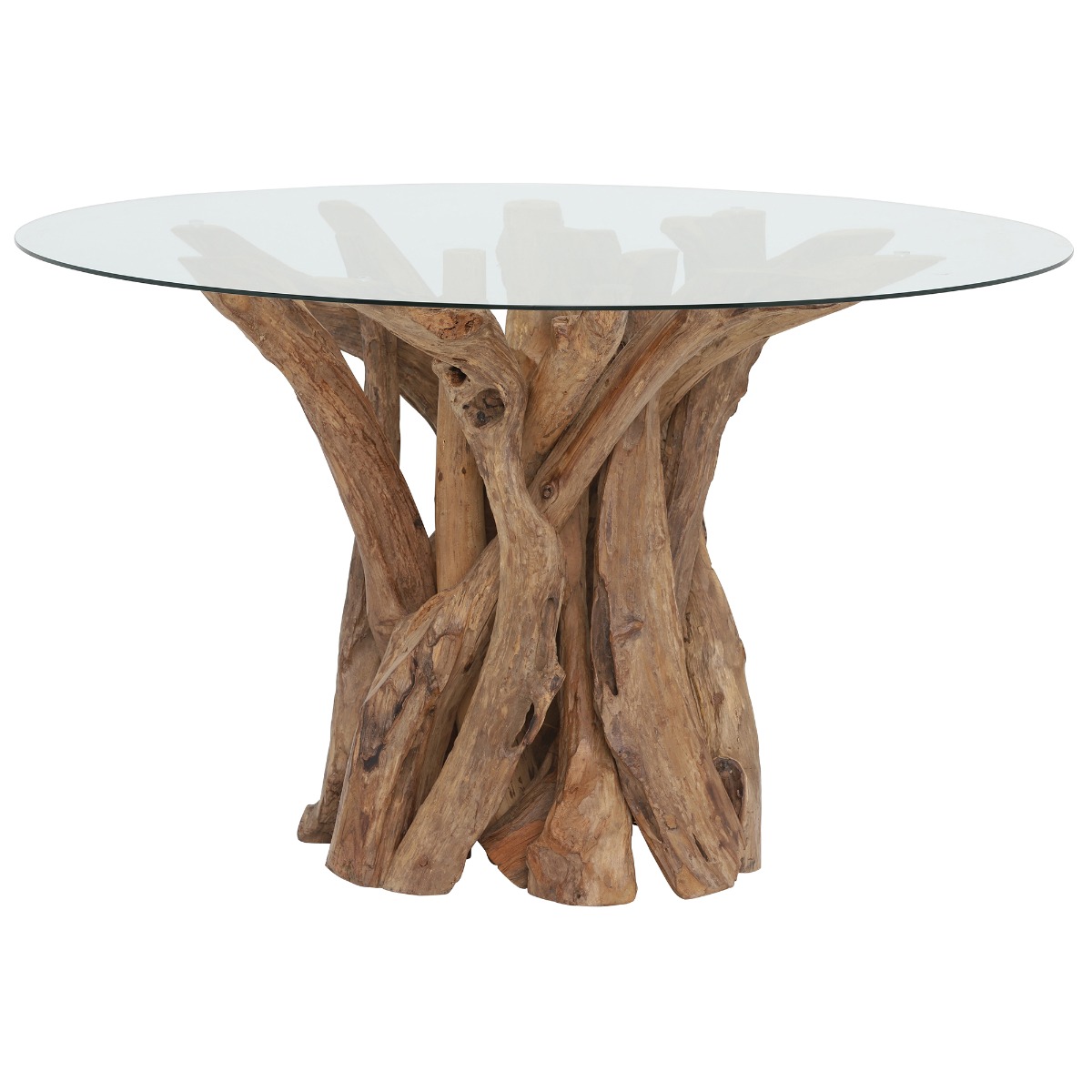 Whinfell Round Glass Top and Teak Root Wood Base 130cm Dining Table