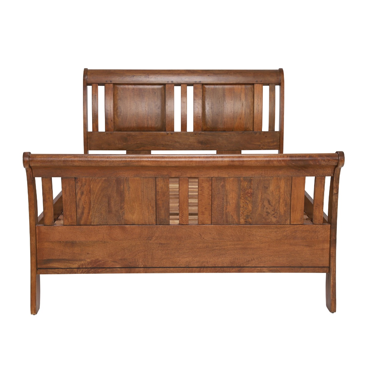 New Frontier Brown Wood High End Sleigh Double Bed Frame, Mango Finish