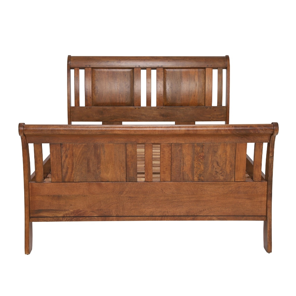 New Frontier Brown Wood High End Sleigh King Bed Frame, Mango Finish