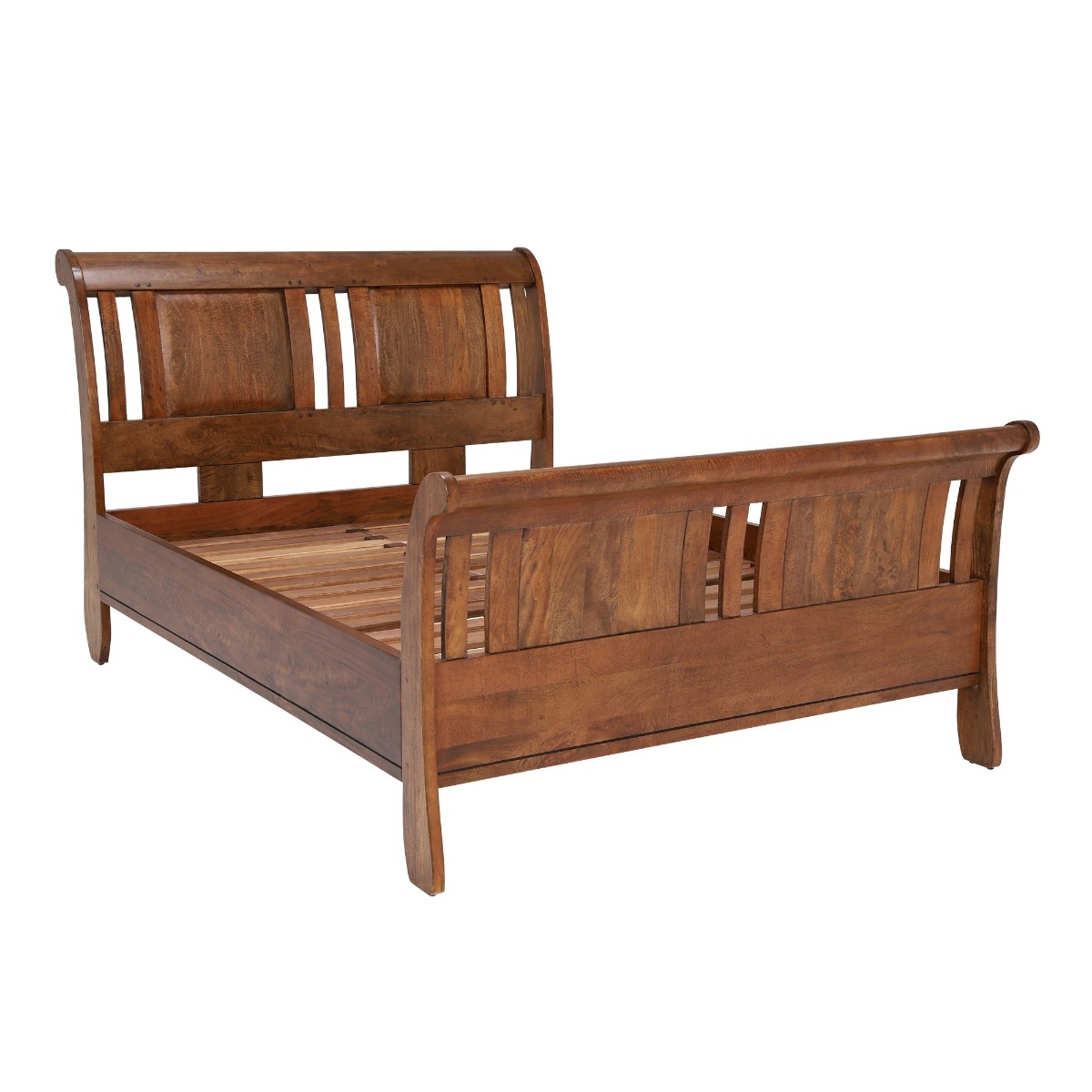 New Frontier Brown Wood High End Sleigh King Bed Frame, Mango Finish