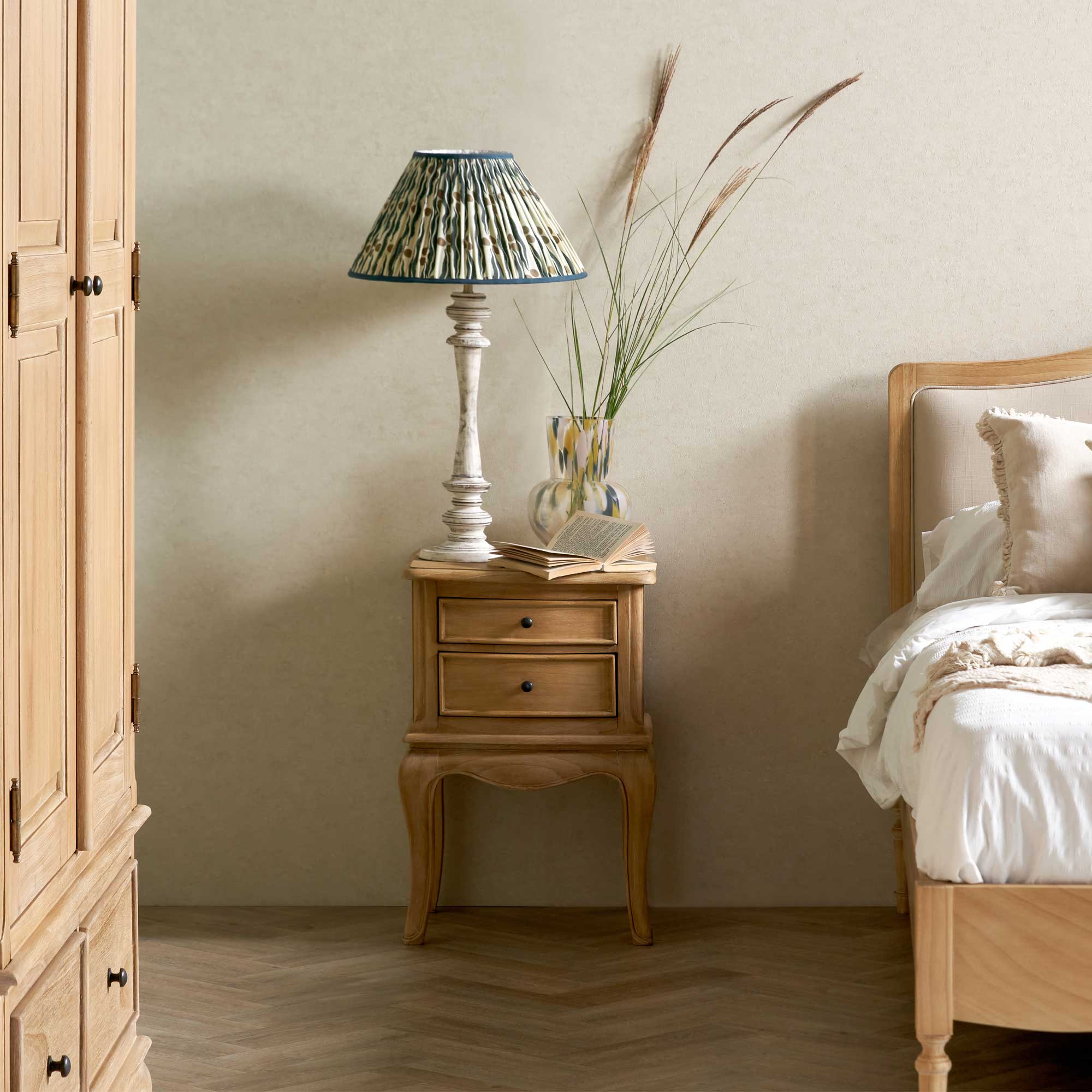 Cecile Light Wooden French Style 2 Drawer Bedside Table , Mindi Wood