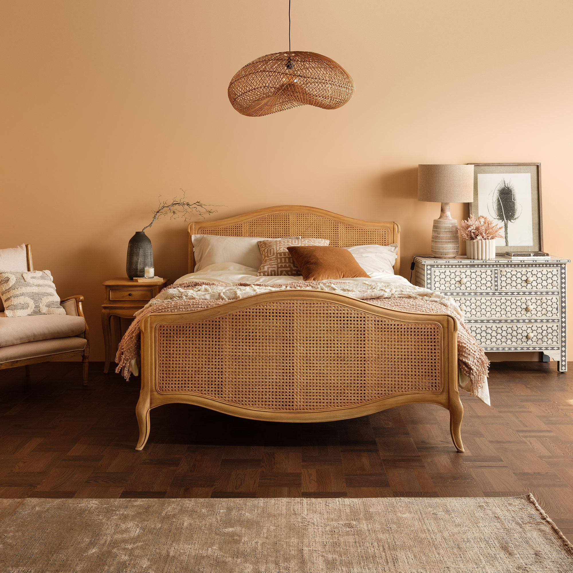 Cecile Brown Rattan and Wood French Style Super King Bed Frame, Mindi A - Light