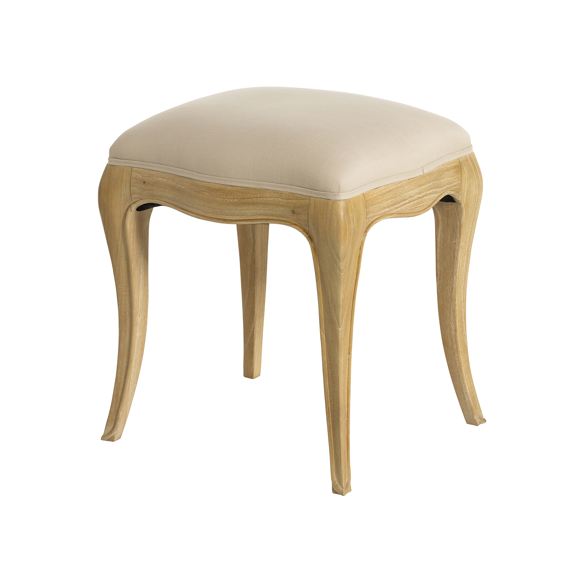 Cecile Light Wood French Style Upholstered Stool, Mindi Wood