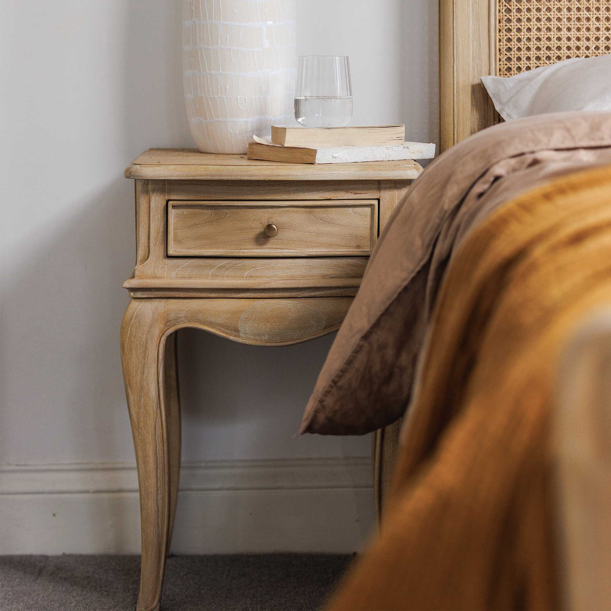 Cecile Light Wooden French Style 1 Drawer Bedside Table, Mindi Wood