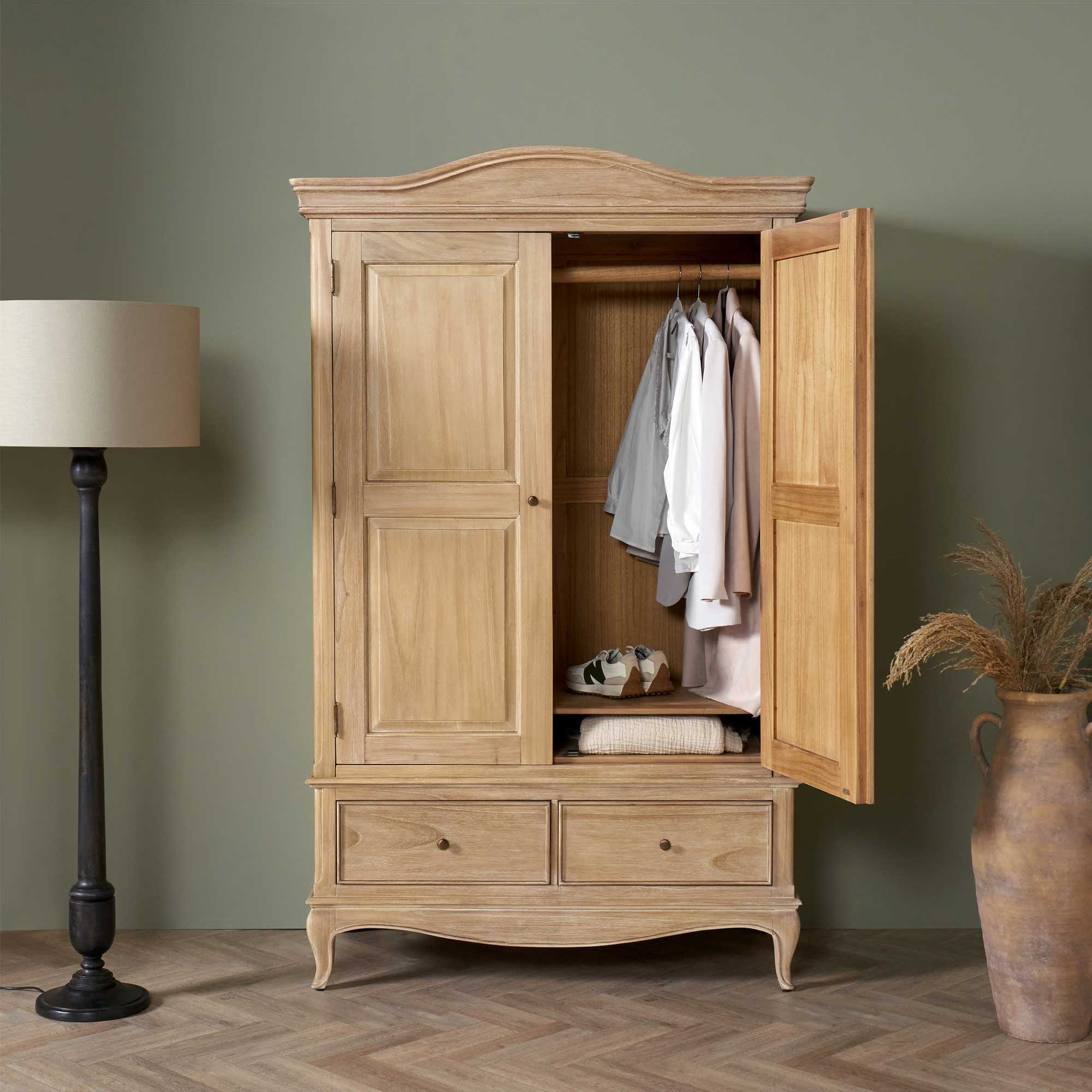 Cecile Light Wooden French Style Double Wardrobe with Drawers, Mindi Wood