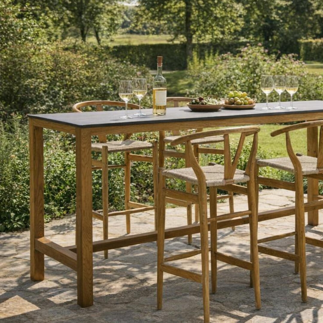 Grenada Reclaimed Teak Wood High Outdoor Bar Table, Natural Brushed