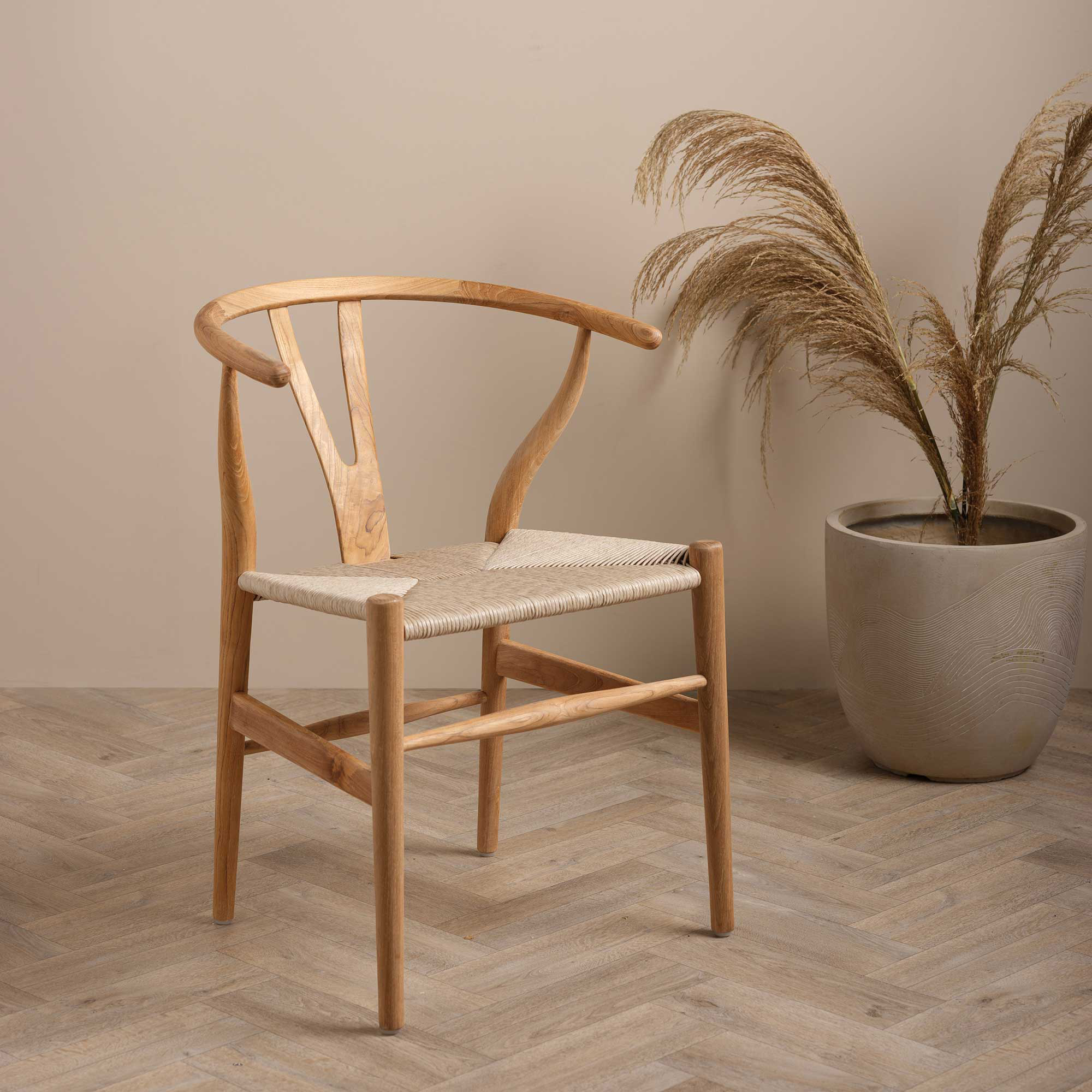 Grenada Curved Reclaimed Teak Wood Open Back Dining Chair With Arms, Weave Seat, Natural Sanded