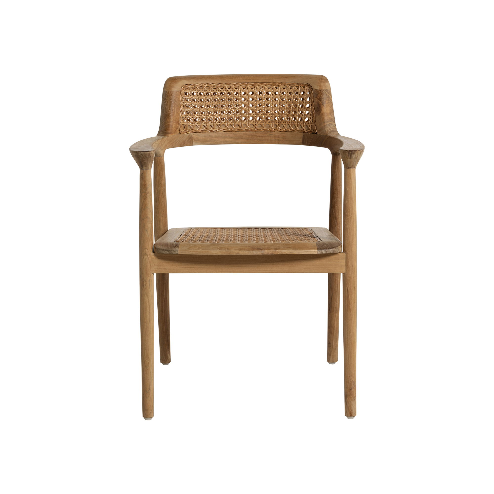 Grenada Light Brown Teak Wood Open Back Dining Chair With Arms, Synthetic Rattan Natural Sanded