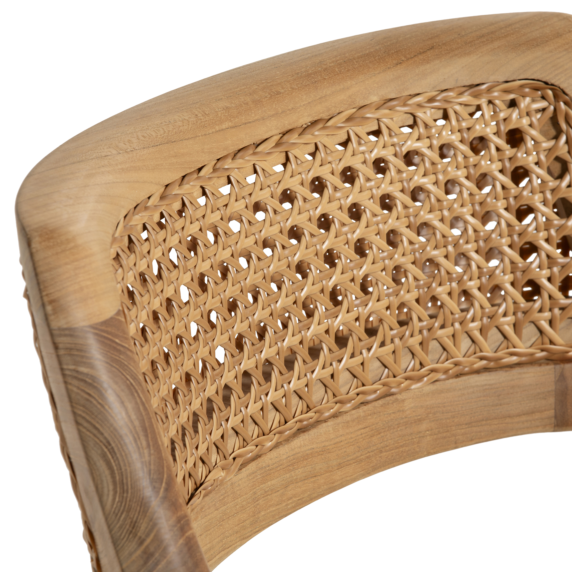 Grenada Light Brown Teak Wood Open Back Dining Chair With Arms, Synthetic Rattan Natural Sanded