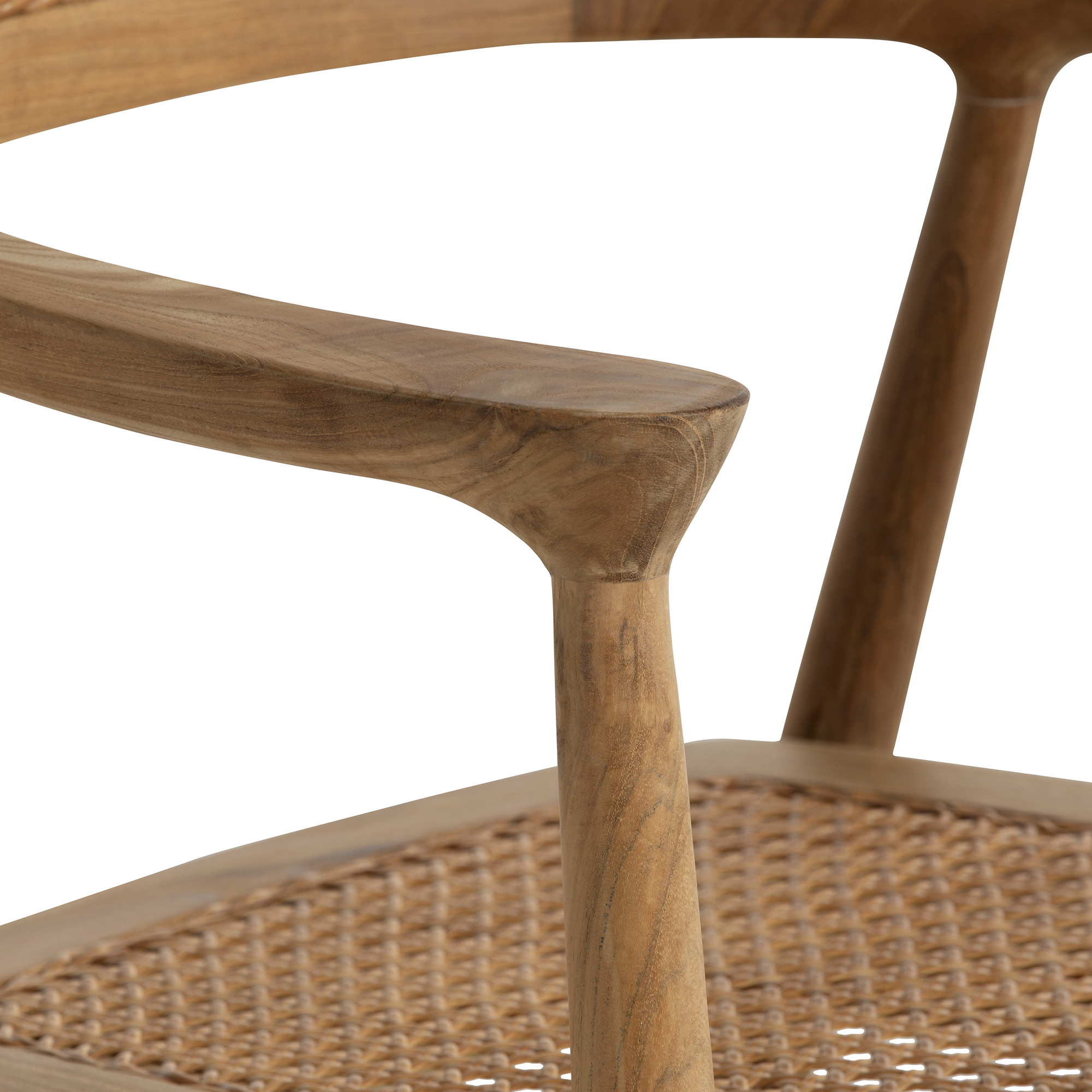 Grenada Light Brown Teak Wood Open Back Dining Chair With Arms, Synthetic Rattan Natural Sanded