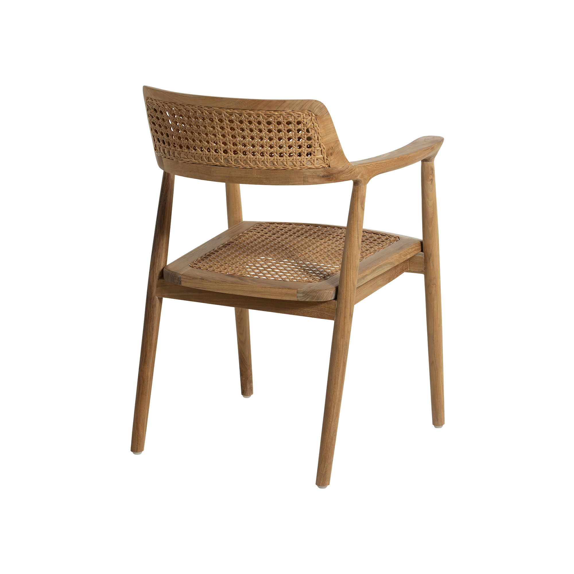 Grenada Light Brown Teak Wood Open Back Dining Chair With Arms, Synthetic Rattan Natural Sanded