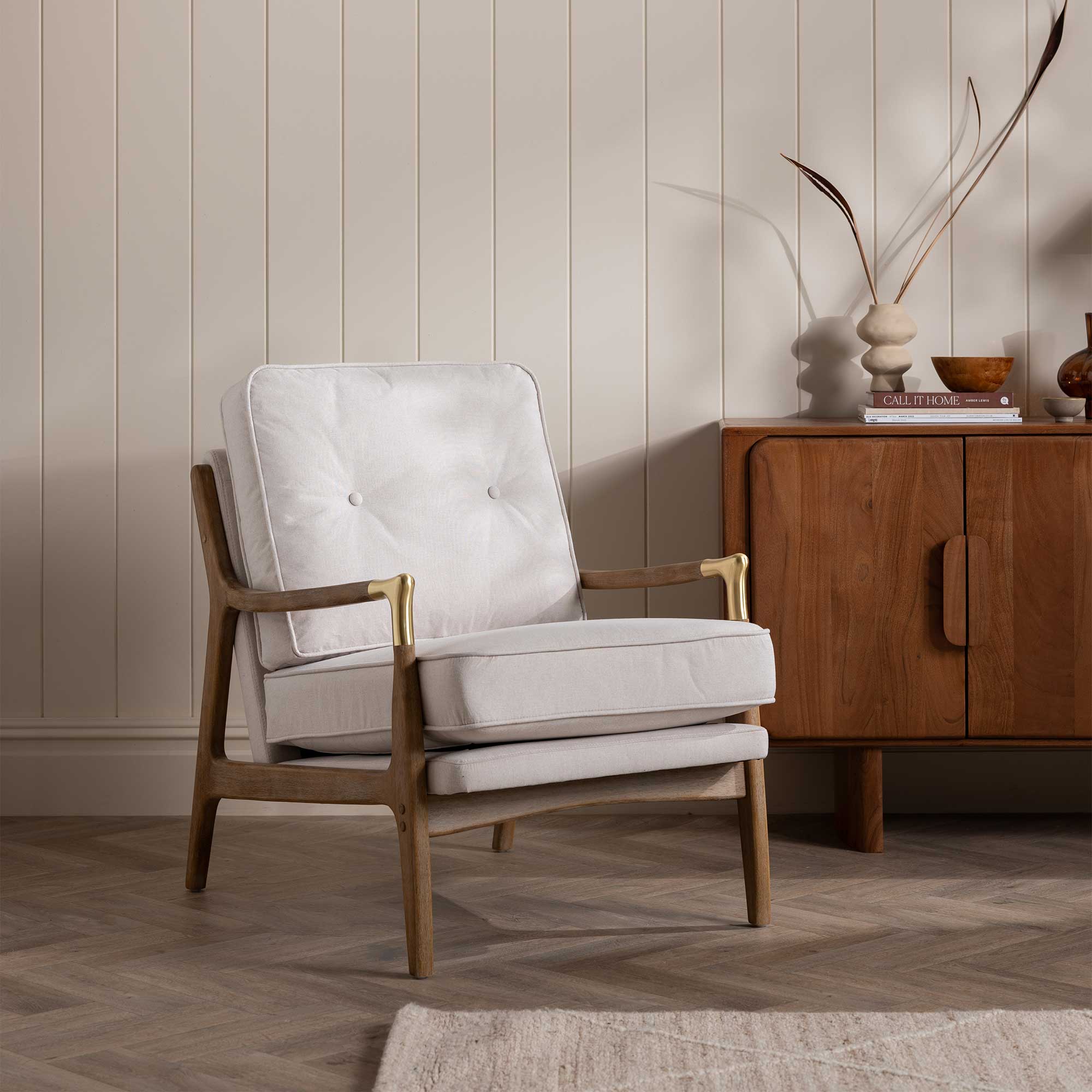 Merrin Cream Fabric Accent Chair with Wood Frame