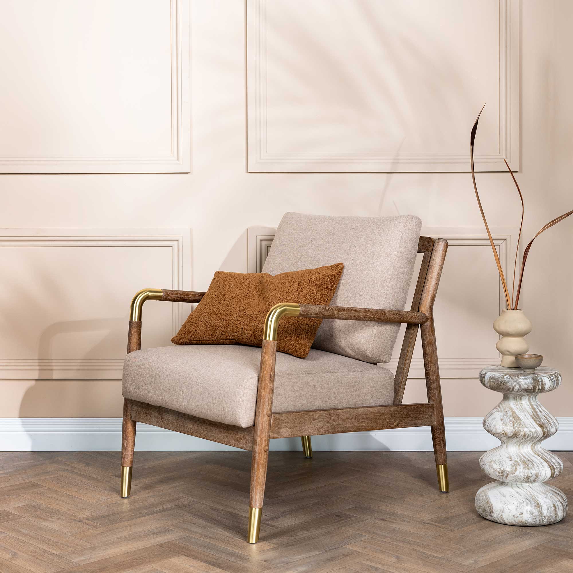 Tarron Chair - Cashmere 2 Beige and Brush 4 Wooden Legs
