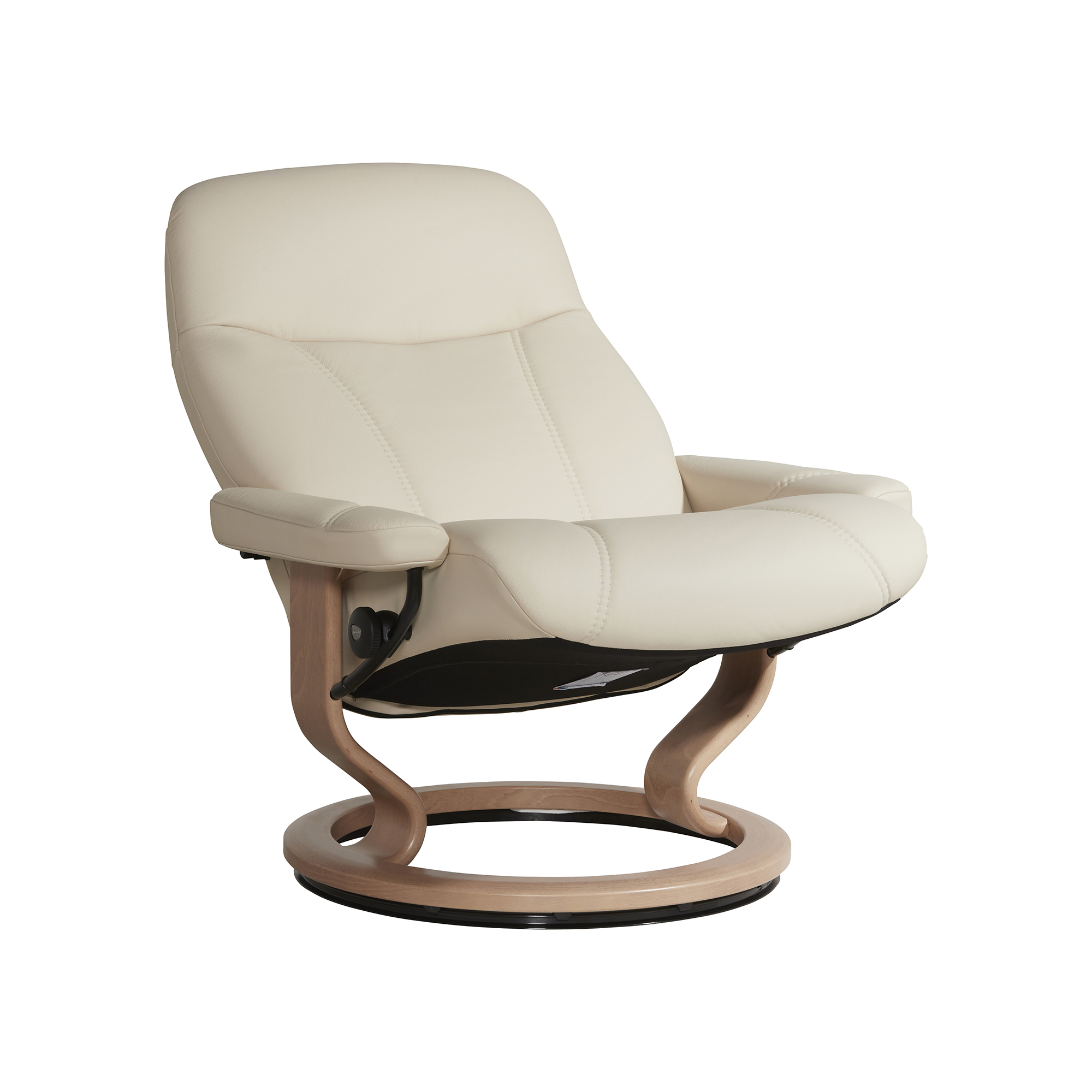 Consul Large Classic Cream Batick Leather Recliner Chair and Footstool, Classic Base Batick Cream and Oak