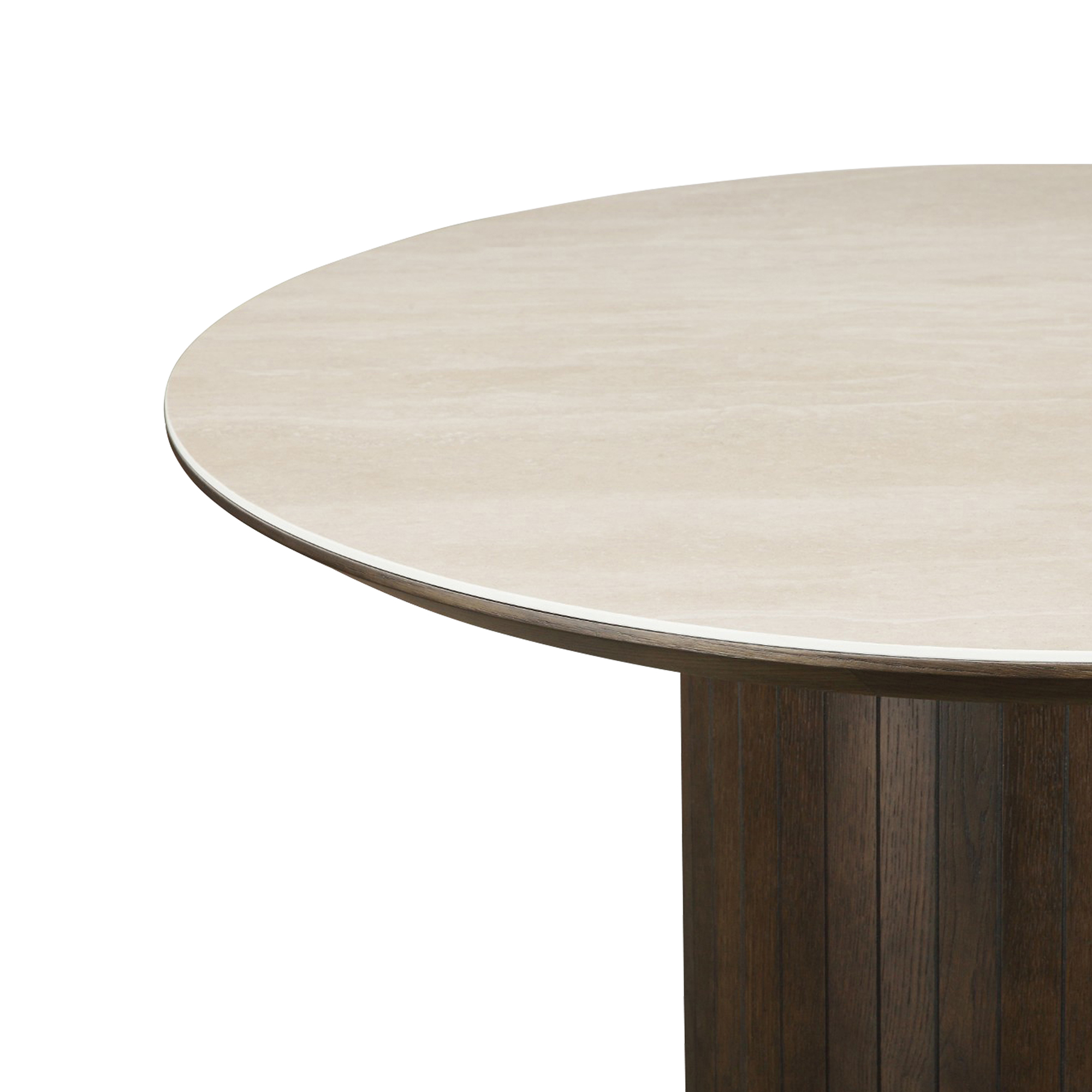 Kita Dark Brown Wood Dining Table 115cm with Travertine Ceramic Top, Oak Veneer In Dark Brown 3150 and White-Off Ceramic