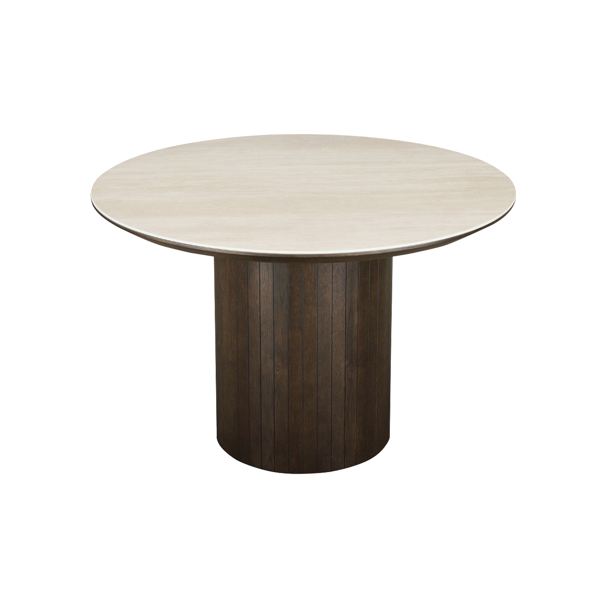 Kita Dark Brown Wood Dining Table 115cm with Travertine Ceramic Top, Oak Veneer In Dark Brown 3150 and White-Off Ceramic