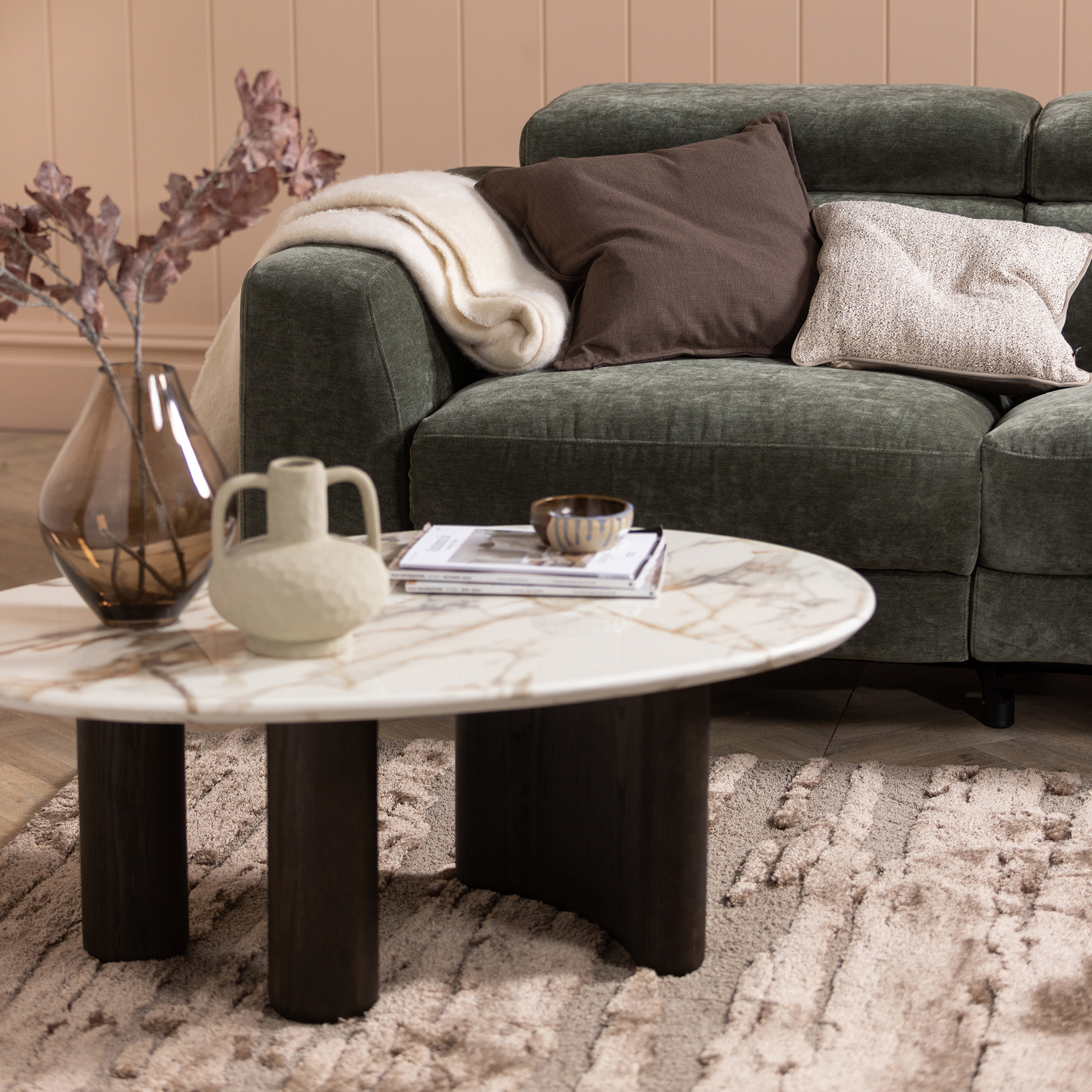 Nord Marble Effect Coffee Table, Engineered Wood White Oak Veneer Leg With Brown Finish