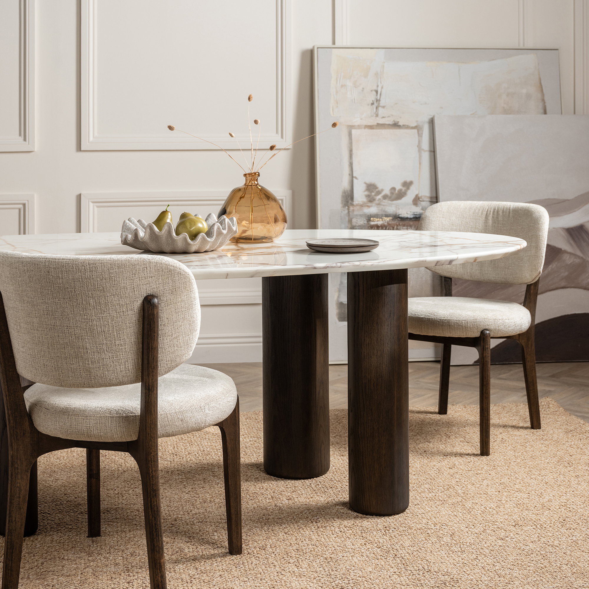 Nord Neutral Fabric Dining Chair, Rubber Wood, Dark Finish and Encore