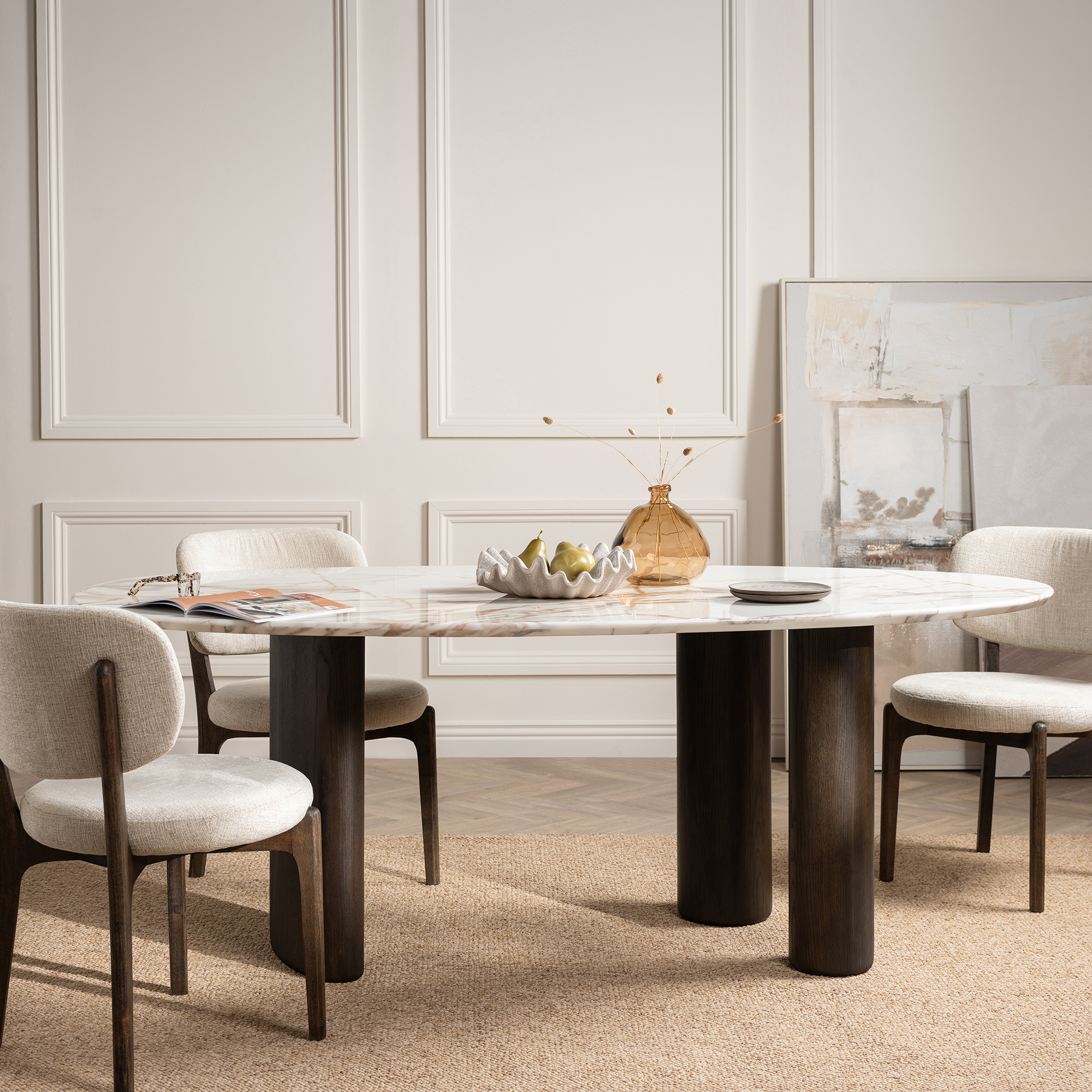 Nord Marble Effect Dining Table, Engineered Wood White Oak Veneer Leg With Brown Finish