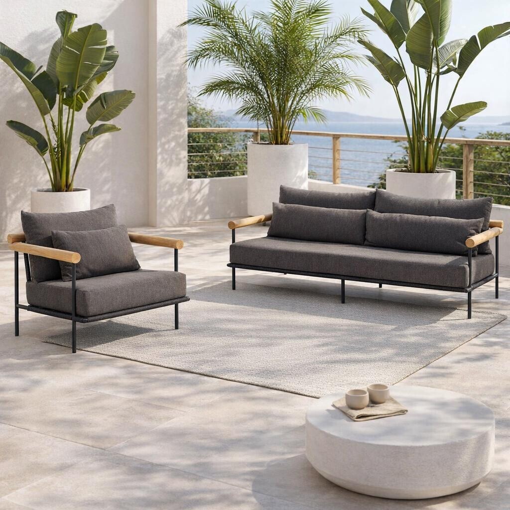 Zanzibar Black and Teak Garden Chair, Aluminium Black Sand and Teak