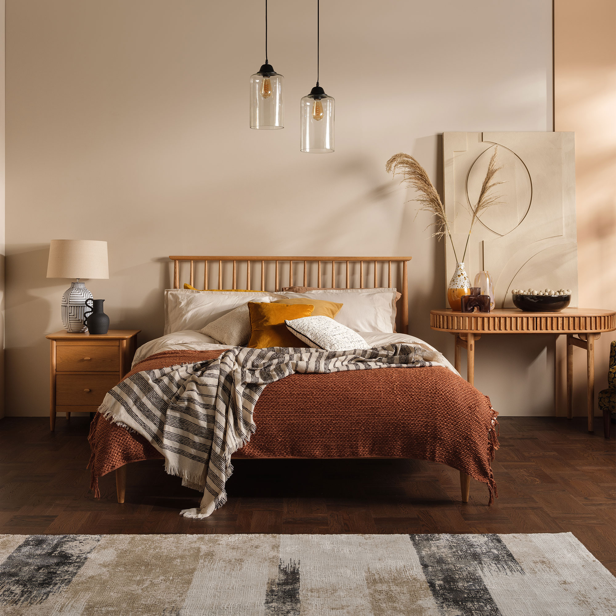 Teramo Bedroom Oak Double Bed Frame with Spindle Headboard, In Clear Matt Finish