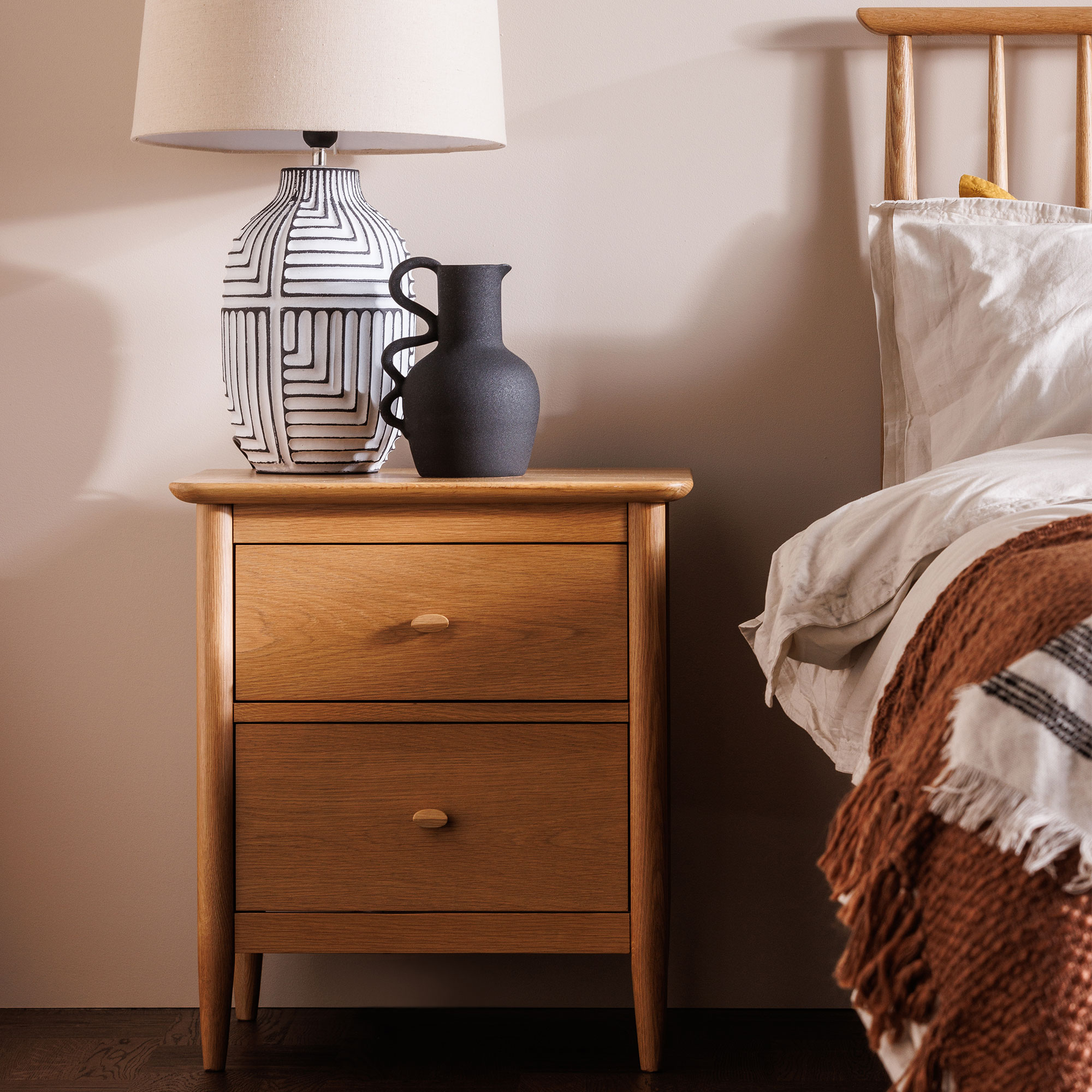 Teramo Bedroom 2 Drawer Oak Bedside Table, Oak