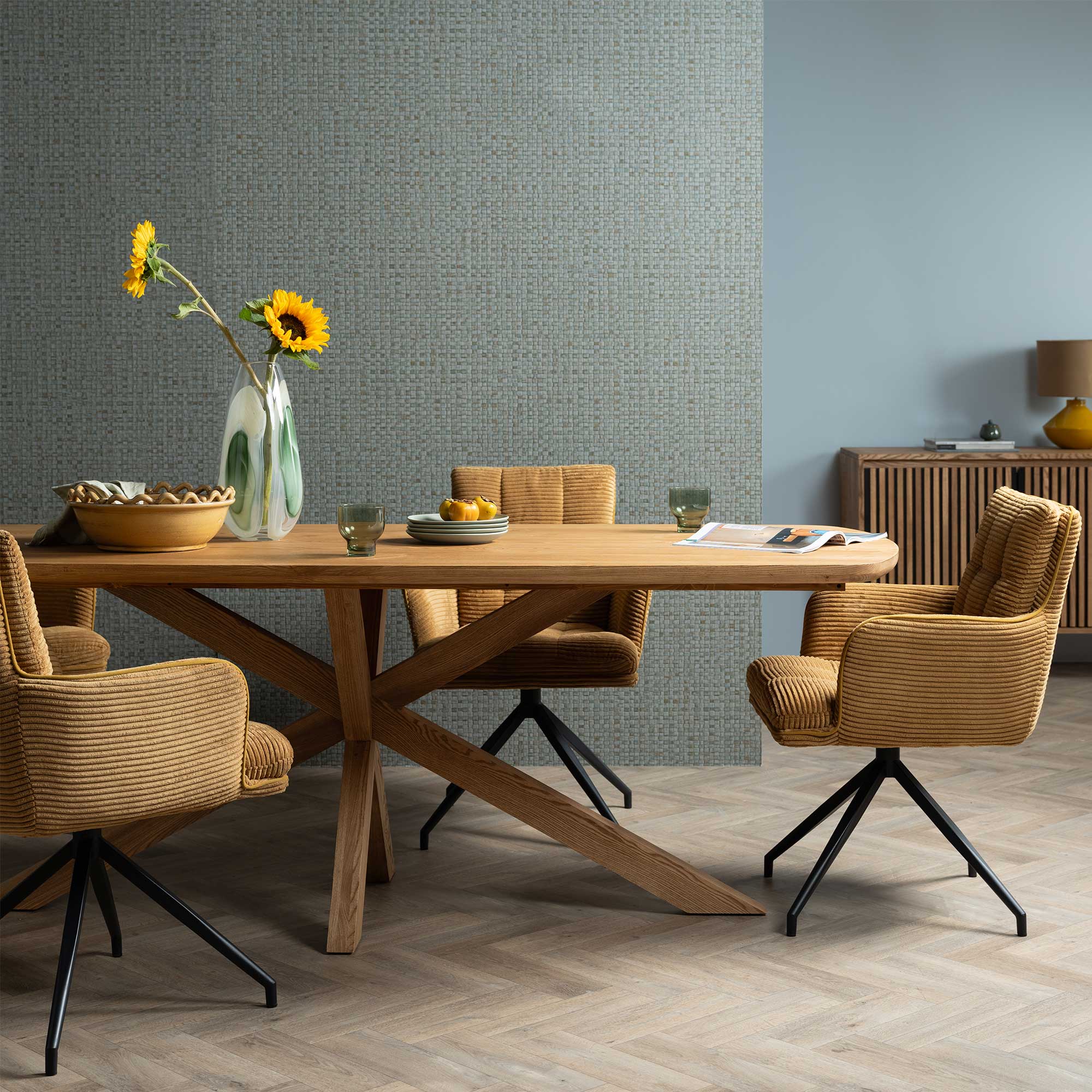 Odine Mustard Yellow Velvet Swivel Dining Chair with High Arms, Black Legs