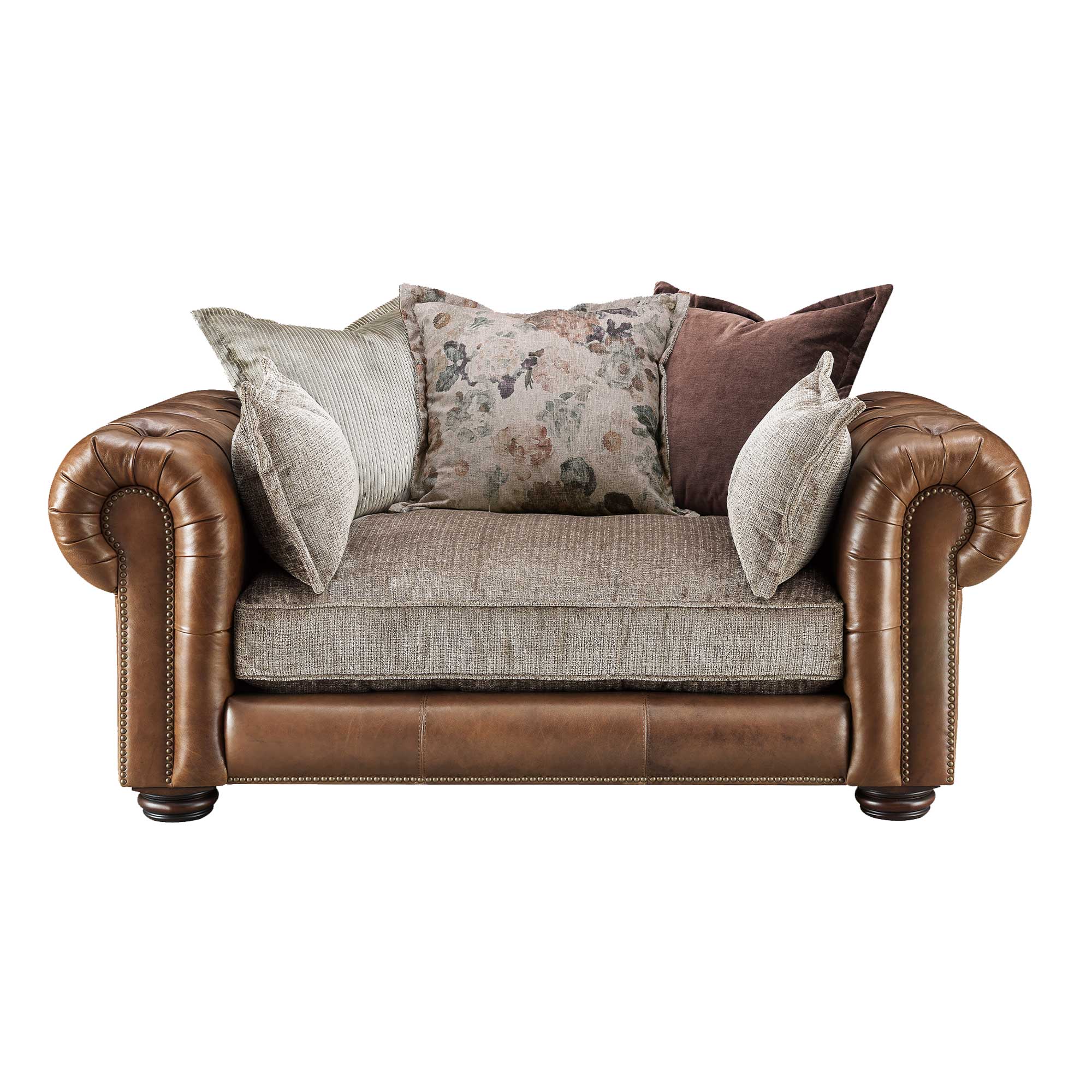 Taunton Brown Leather Snuggle Chair with Fabric Seat Cushion, In Roaming Valley body, Antique Brass Studs