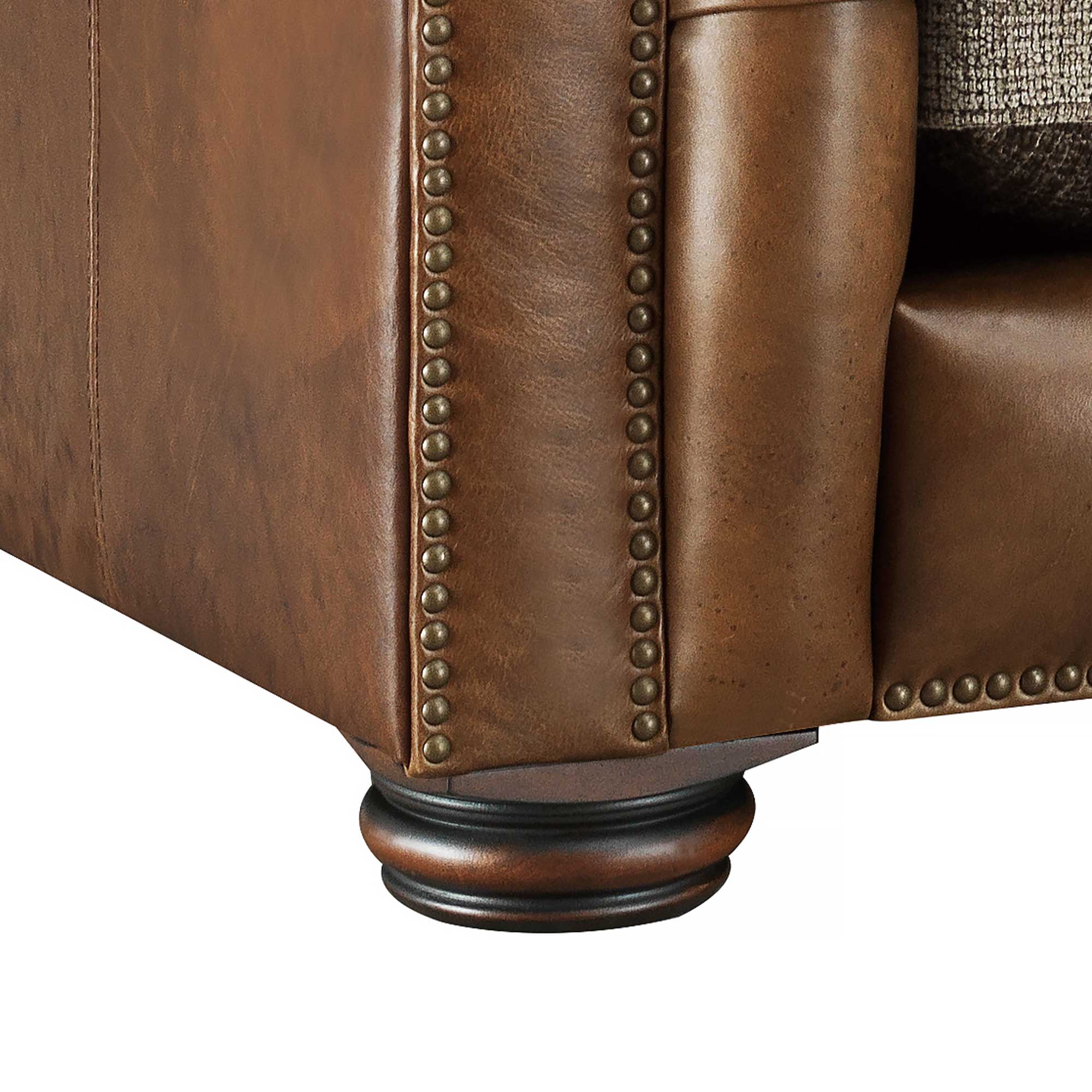 Taunton Brown Leather Snuggle Chair with Fabric Seat Cushion, In Roaming Valley body, Antique Brass Studs