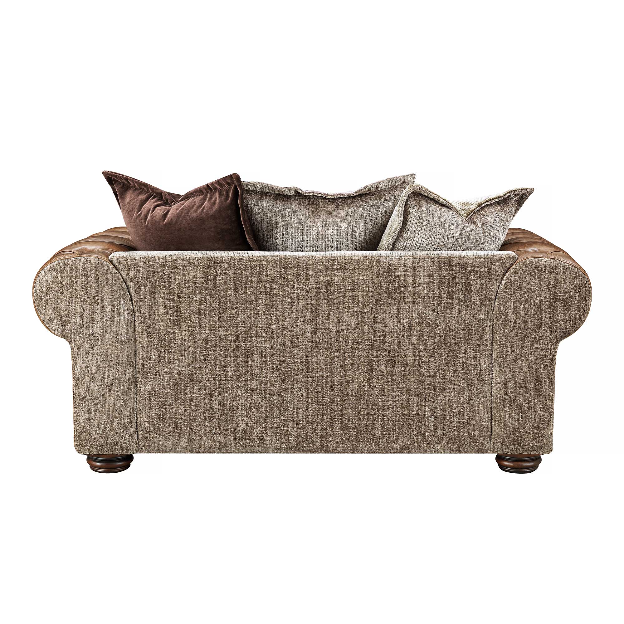 Taunton Brown Leather Snuggle Chair with Fabric Seat Cushion, In Roaming Valley body, Antique Brass Studs