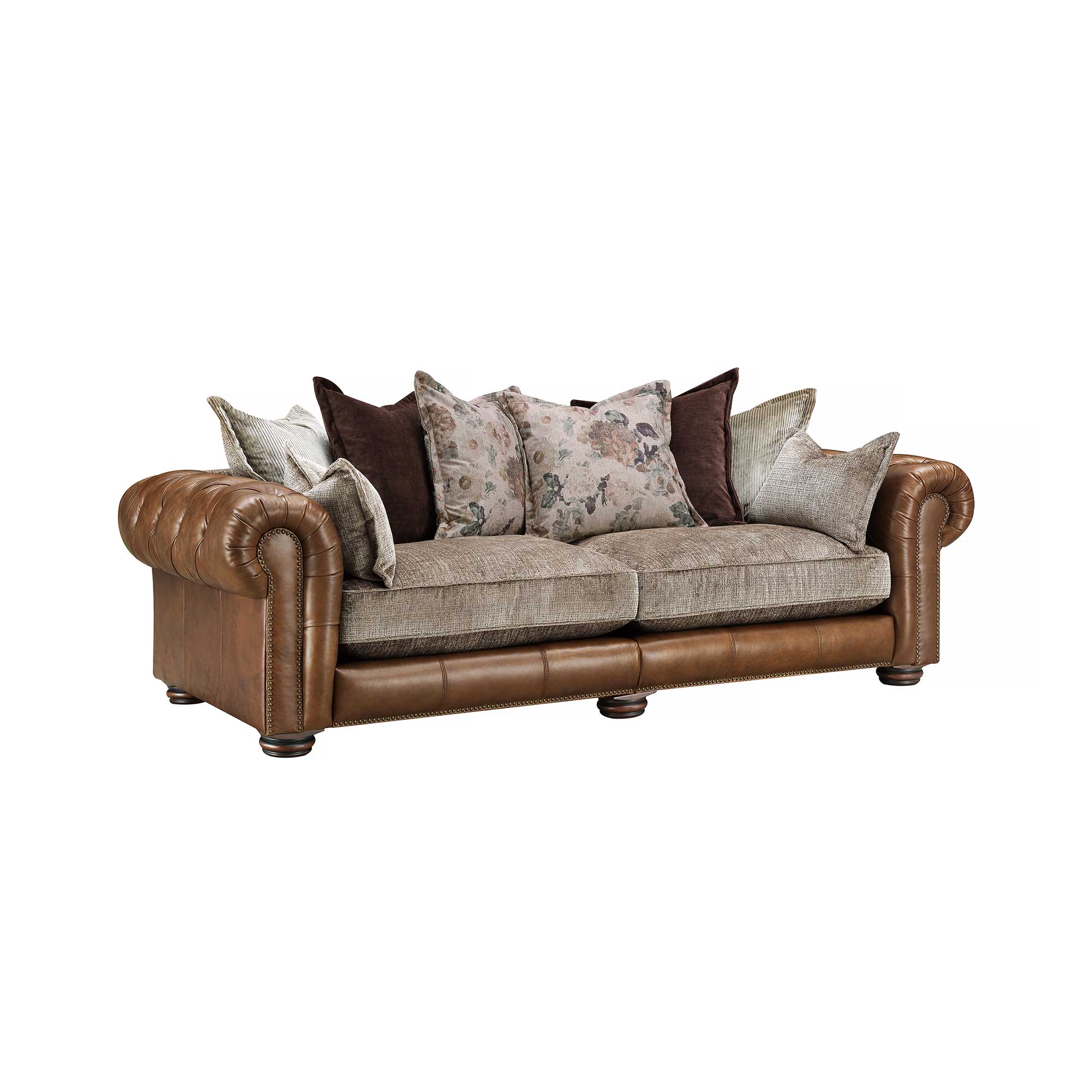 Taunton Brown Leather 3.5 Seater Sofa with Fabric Seat Cushions, In Roaming Valley body, Antique Brass Studs